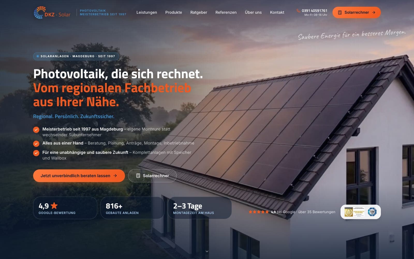 Startseite von DKZ-Solar: Photovoltaik und Solaranlagen in Magdeburg, mit Solarrechner