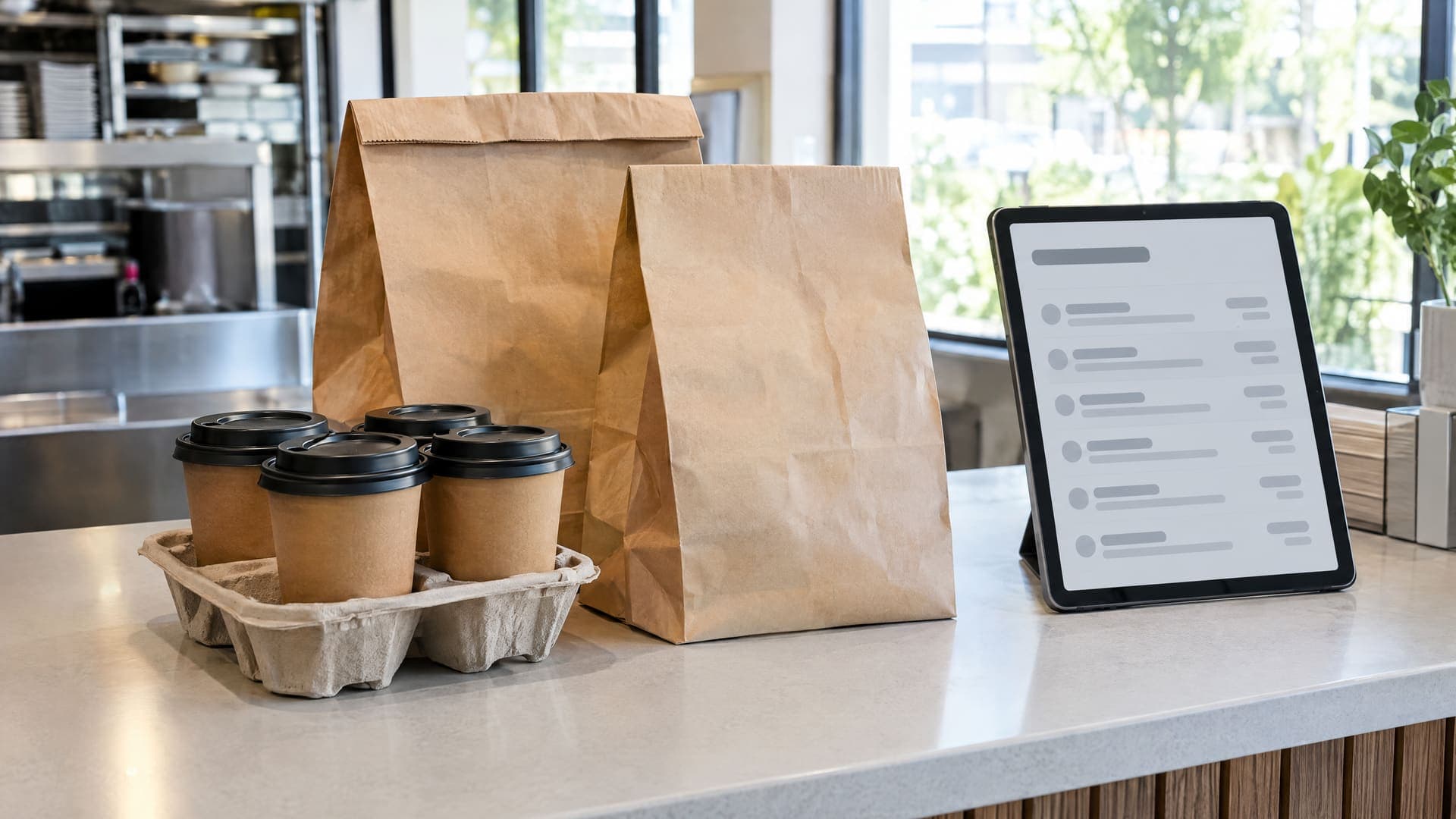 Verschlossene Papiertüten ohne Aufdruck und eine Getränketräger-Box auf der Abholtheke eines Restaurants, daneben ein Tablet mit abstrakter Bestellliste, keine Personen