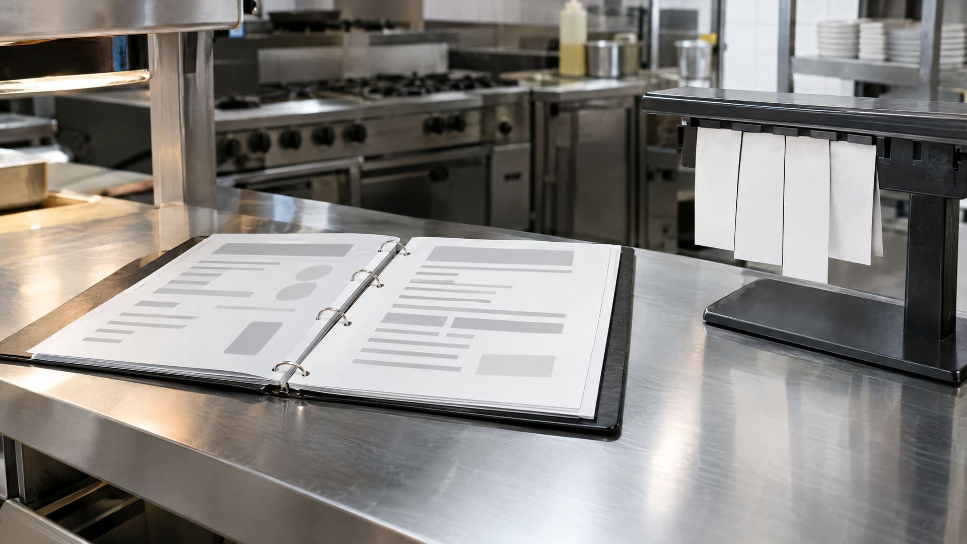 Aufgeschlagener Ordner mit Blättern aus grauen Zeilen auf dem Durchreichetresen einer Restaurantküche, daneben ein Bestellbon-Halter ohne Schrift, keine Personen