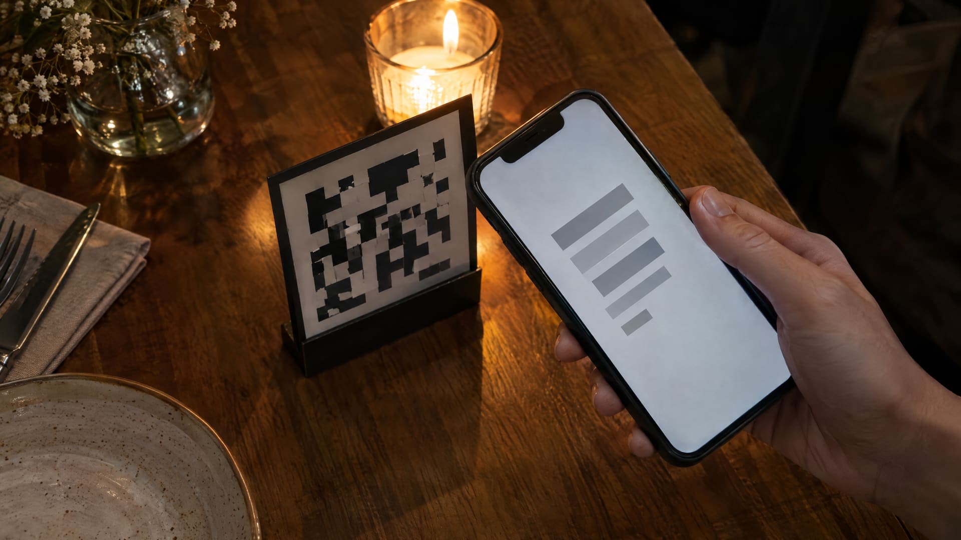 Smartphone wird über einen Tischaufsteller mit abstraktem schwarzweißem Muster gehalten, dahinter ein Kerzenlicht auf einem Restauranttisch, Hand von oben, kein Gesicht
