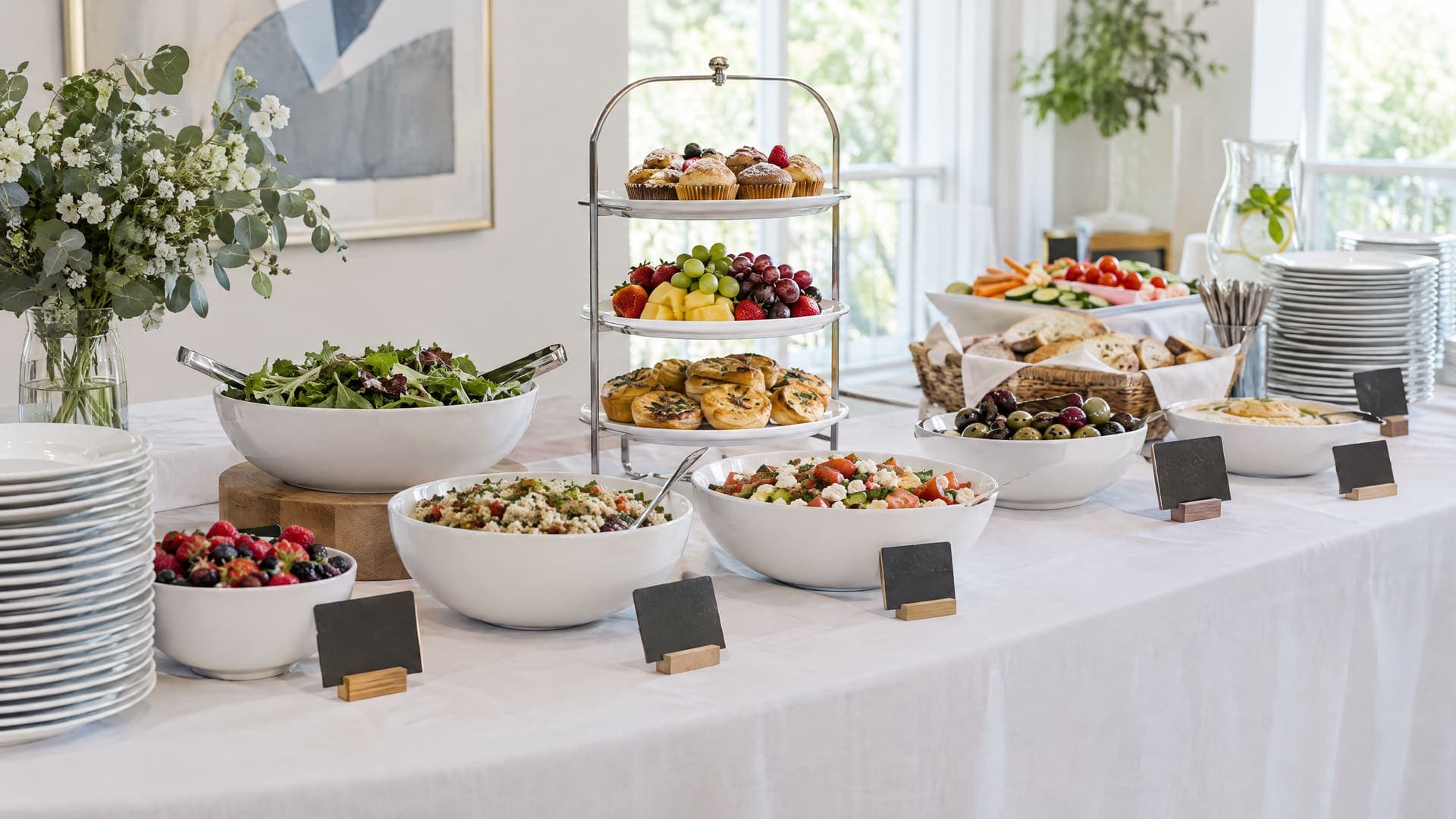 Aufgebautes Buffet mit Schalen, Etagere und Tellerstapeln auf einer weißen Tafel in einem hellen Raum, Schilder ohne Schrift, keine Personen