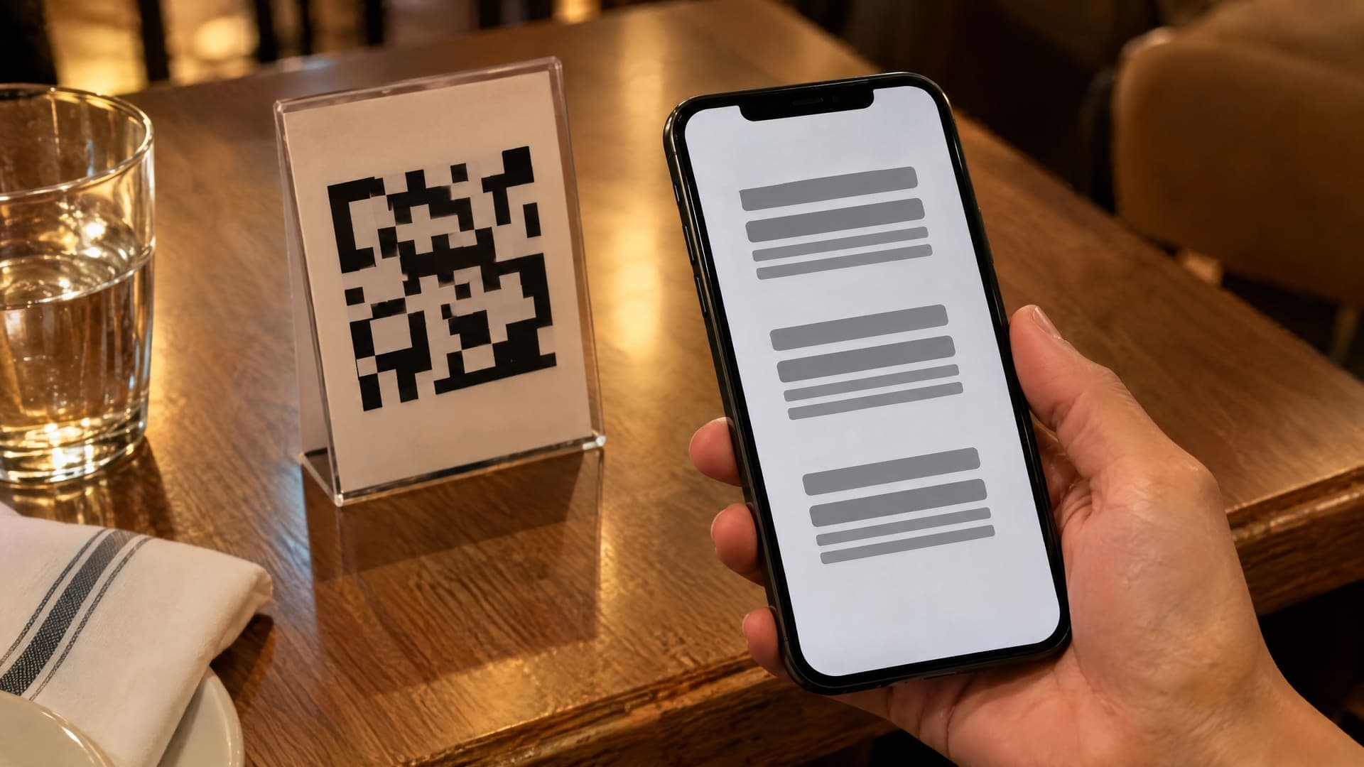 Smartphone vor einem Tischaufsteller mit abstraktem schwarzweißem Muster auf einem Restauranttisch, auf dem Display Gruppen aus grauen Balken statt Text