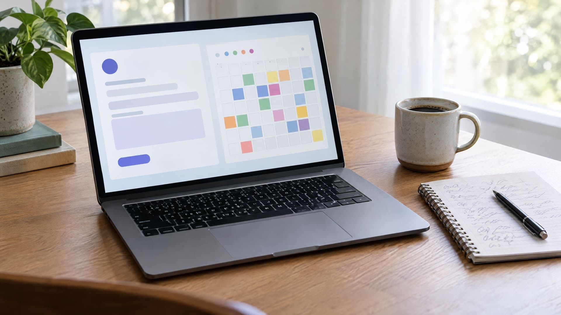 Laptop mit einem abstrakten Anfrageformular und einem Monatskalender neben einem Notizblock mit Stichworten und einer Kaffeetasse auf einem Schreibtisch, Text unleserlich