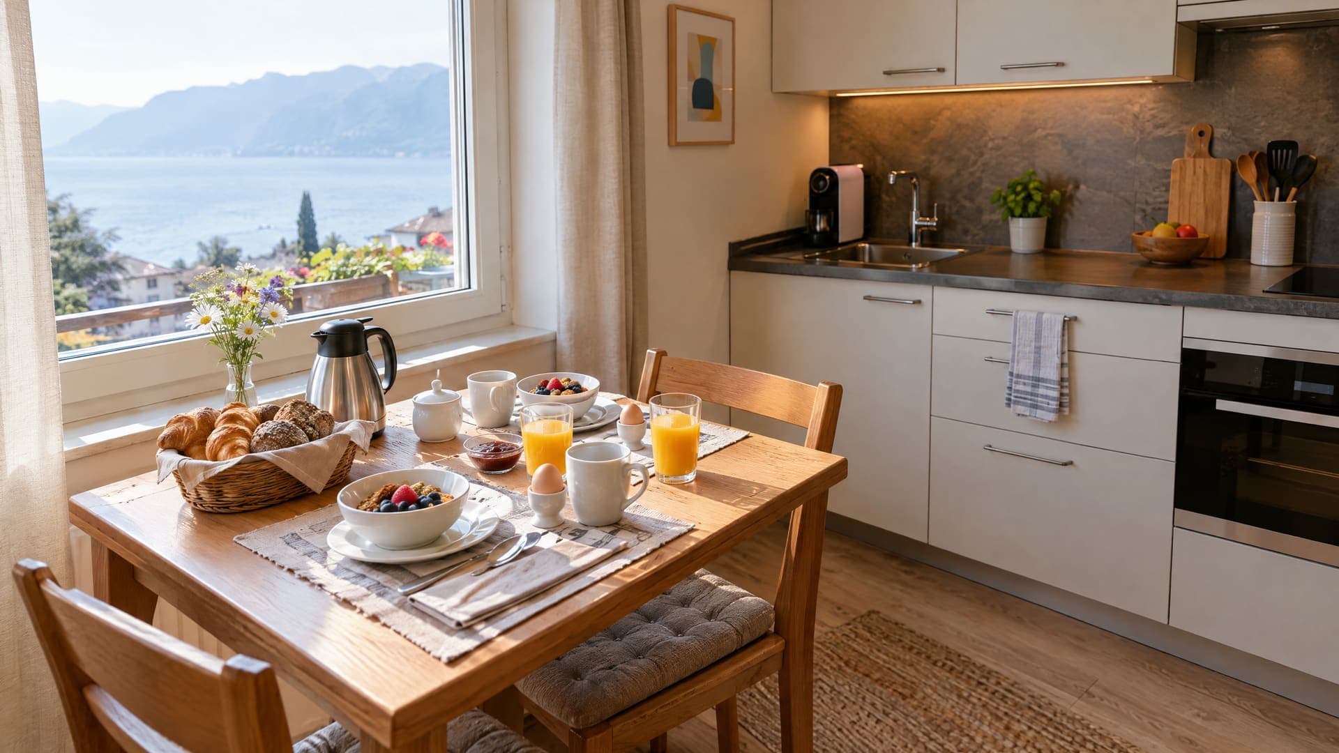 Küchenzeile einer Ferienwohnung mit gedecktem Frühstückstisch am Fenster, Brötchenkorb und Kaffeekanne im Morgenlicht, keine Personen