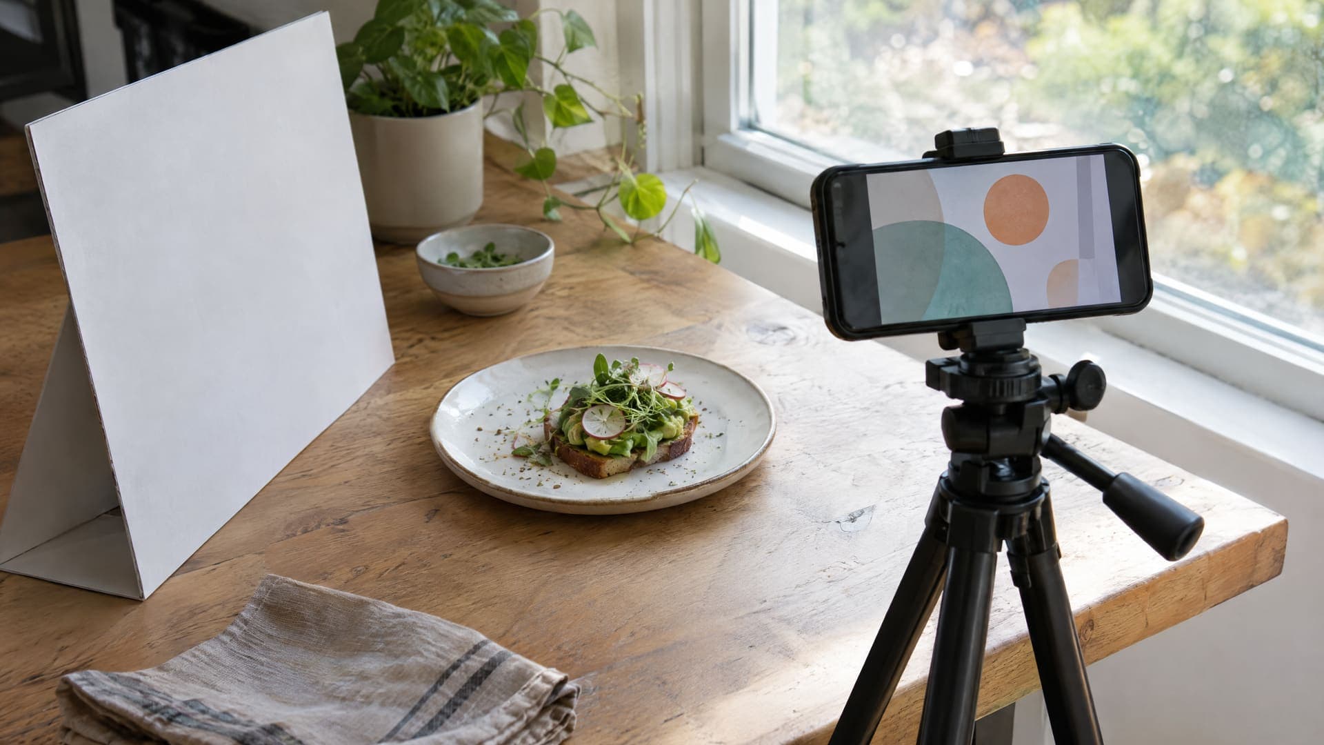 Kleiner Aufbau für Essensfotos am Fenster mit einem Smartphone auf einem Stativ, einem weißen Pappreflektor und einem Teller auf einem Holztisch, keine Personen