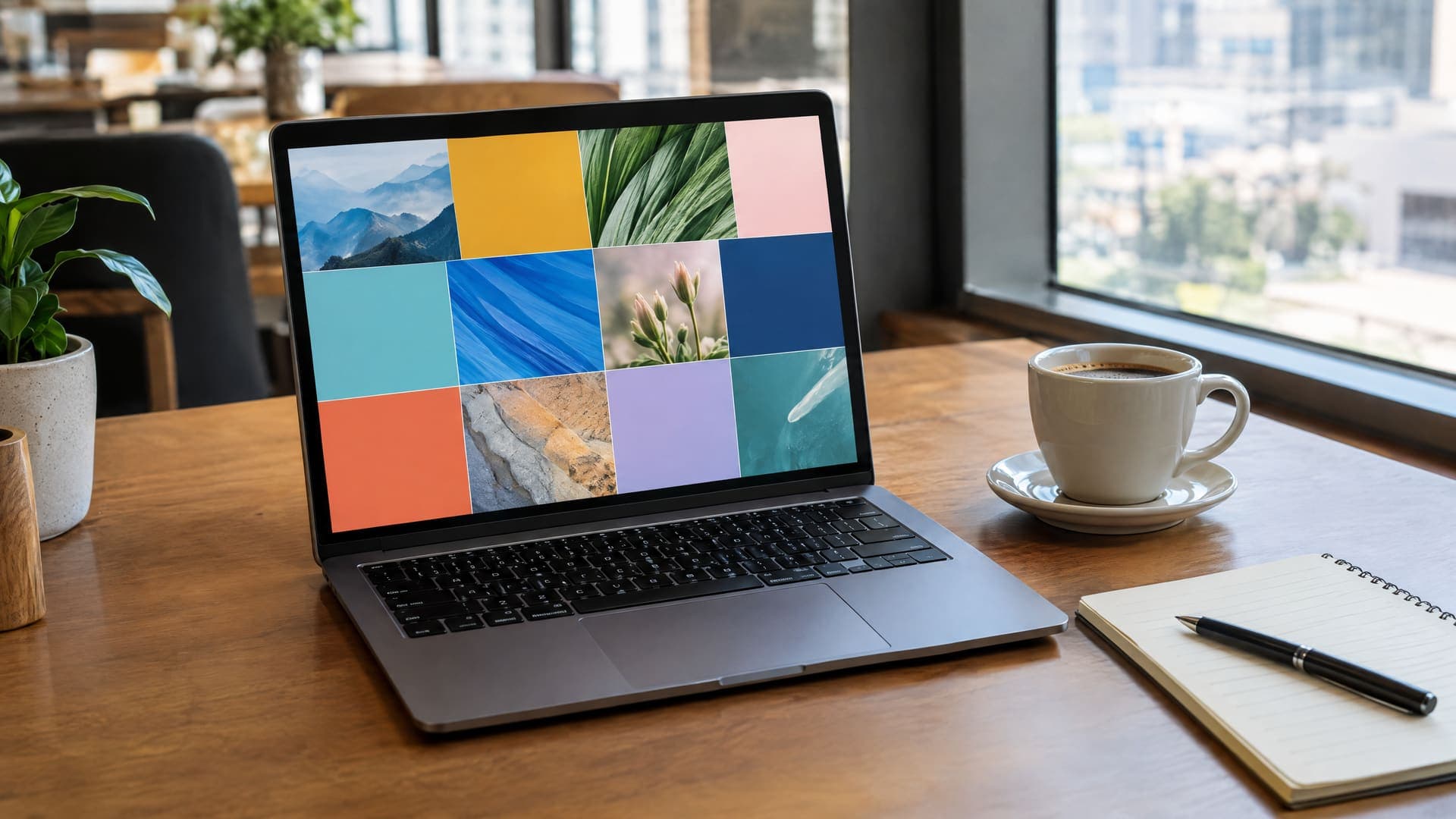 Laptop mit einer abstrakten Bildauswahl aus Kacheln neben einem Notizblock und einer Kaffeetasse auf einem Schreibtisch im Restaurantbüro, Text unleserlich