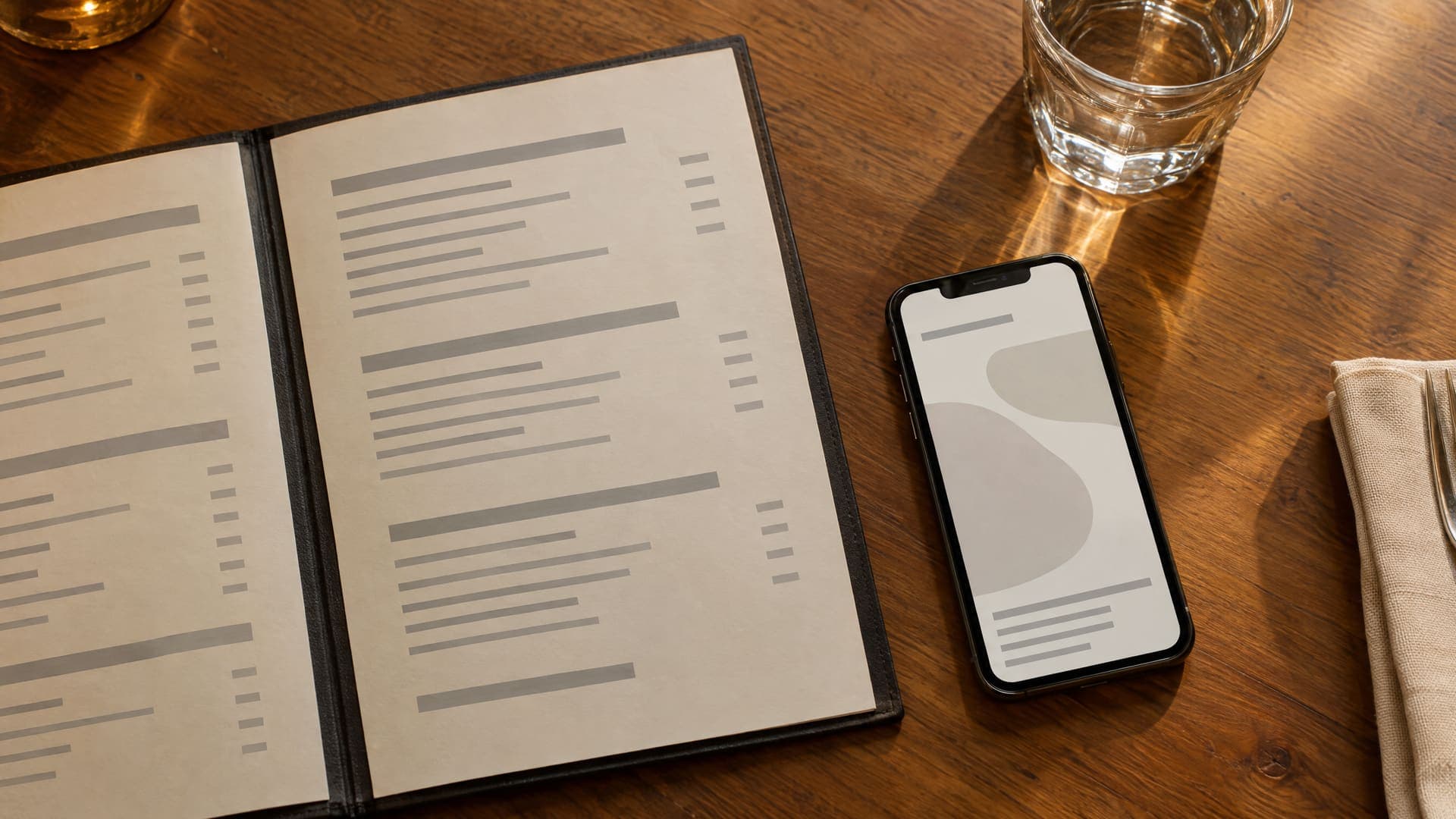Gedruckte Speisekarte aus grauen Balken und ein Smartphone mit abstrakter Seite liegen nebeneinander auf einem Restauranttisch, daneben ein Glas und eine Serviette