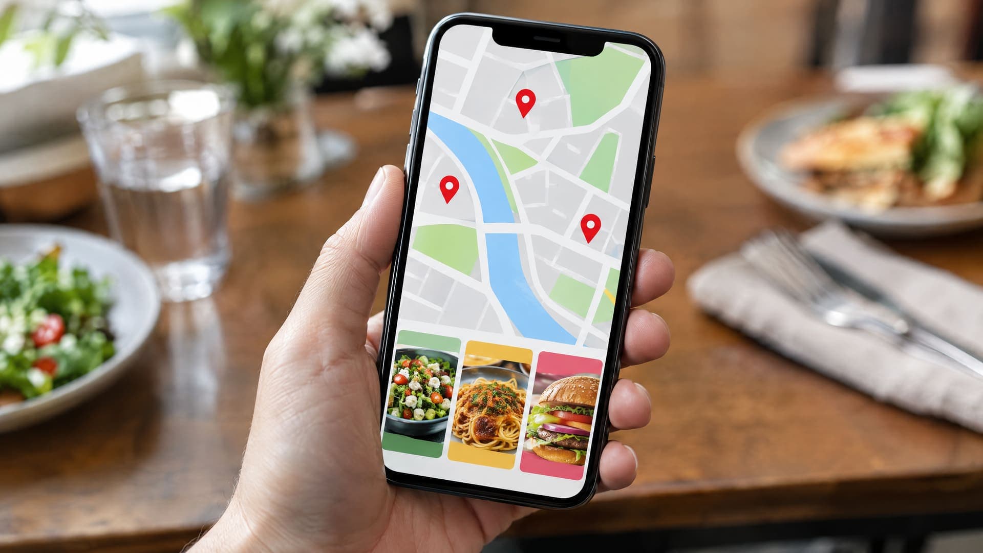 Hand hält ein Smartphone mit einem Kartenausschnitt, drei roten Markierungen und einem Fotostreifen von Speisen, im Hintergrund unscharf ein Restauranttisch, Text unleserlich