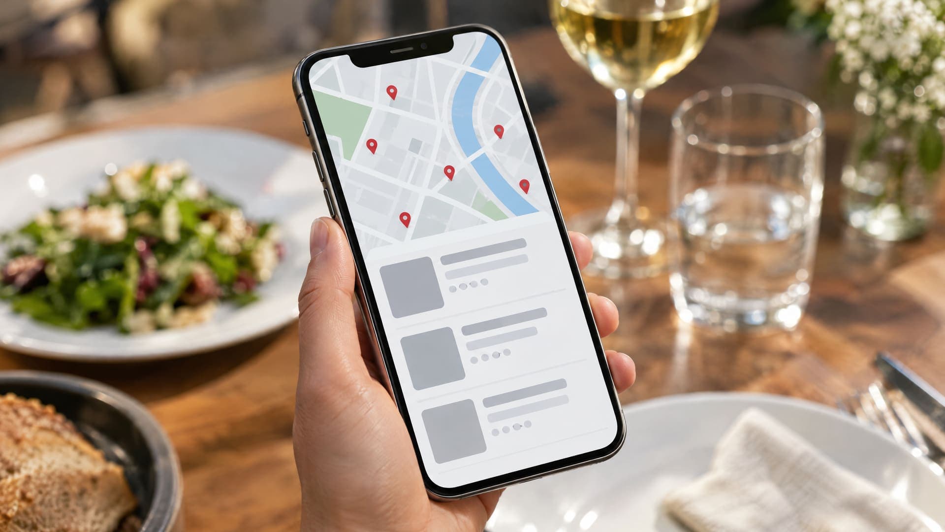 Hand hält ein Smartphone mit einer abstrakten Suchansicht aus Kartenausschnitt und Ergebniskarten über einem gedeckten Restauranttisch, Text unleserlich