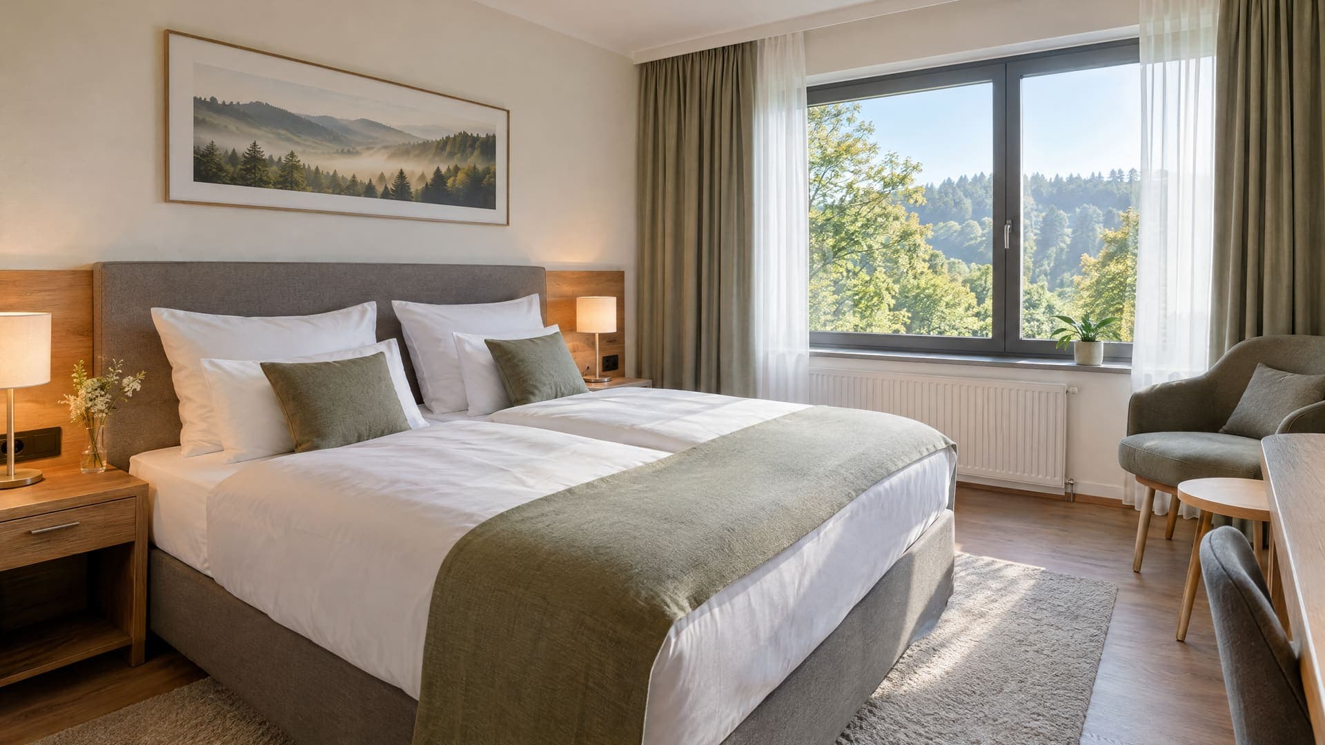 Helles Hotelzimmer mit gemachtem Bett, Nachttisch und einem Fenster mit Blick auf Bäume im Morgenlicht, keine Personen, keine lesbaren Schilder