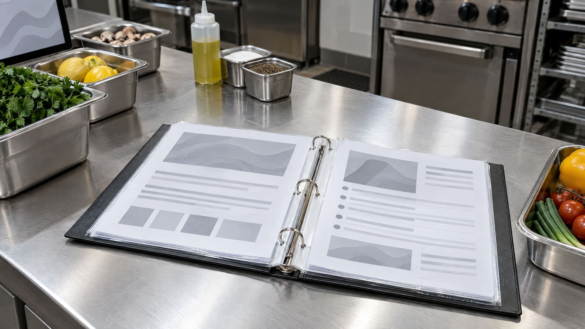 Offener Ordner mit Blättern aus grauen Zeilen und mehrere Zutatenetiketten ohne lesbare Schrift auf einer Edelstahlarbeitsfläche in einer Restaurantküche, keine Personen