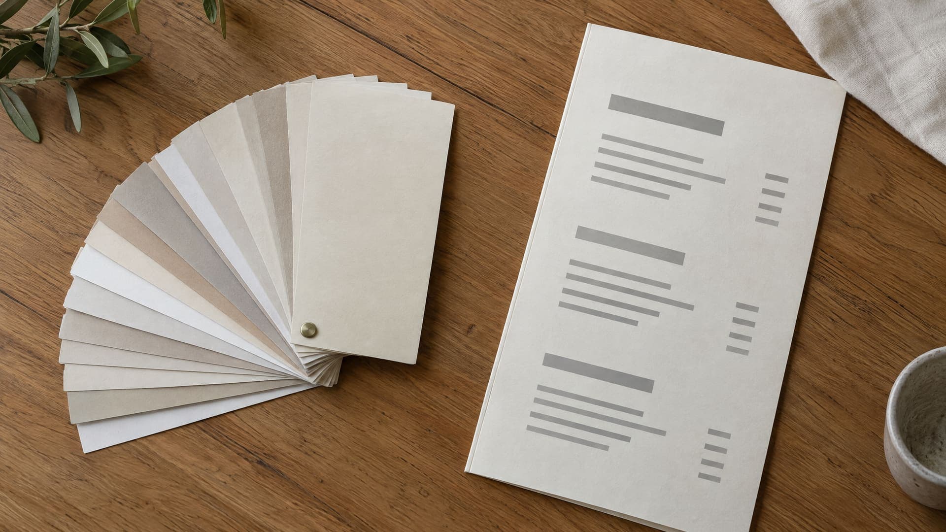 Fächer aus Papiermustern in verschiedenen Beigetönen neben einer Speisekarte aus grauen Balken auf einem Holztisch im Tageslicht, keine Personen