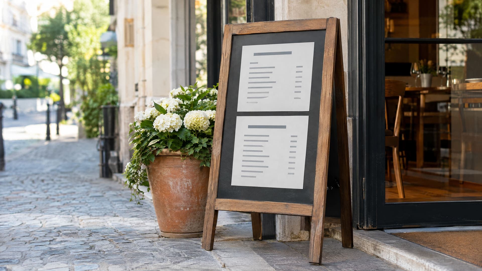 Hölzerne Tafel neben einem Restauranteingang mit grauen Zeilen statt Text für ein Preisverzeichnis, daneben ein Blumenkübel, im Tageslicht, keine Personen