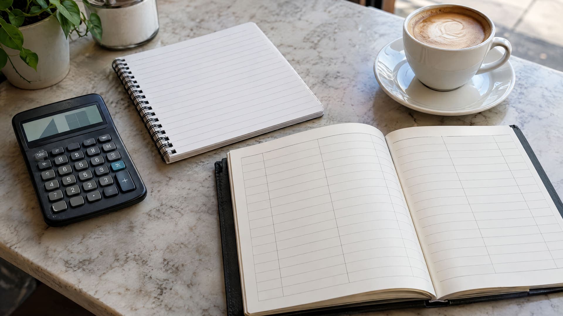 Taschenrechner, ein Notizbuch mit grauen Zeilen und ein Reservierungsbuch mit leeren Linien auf der Theke eines Cafés, daneben eine Kaffeetasse, keine Personen, Zahlen unleserlich
