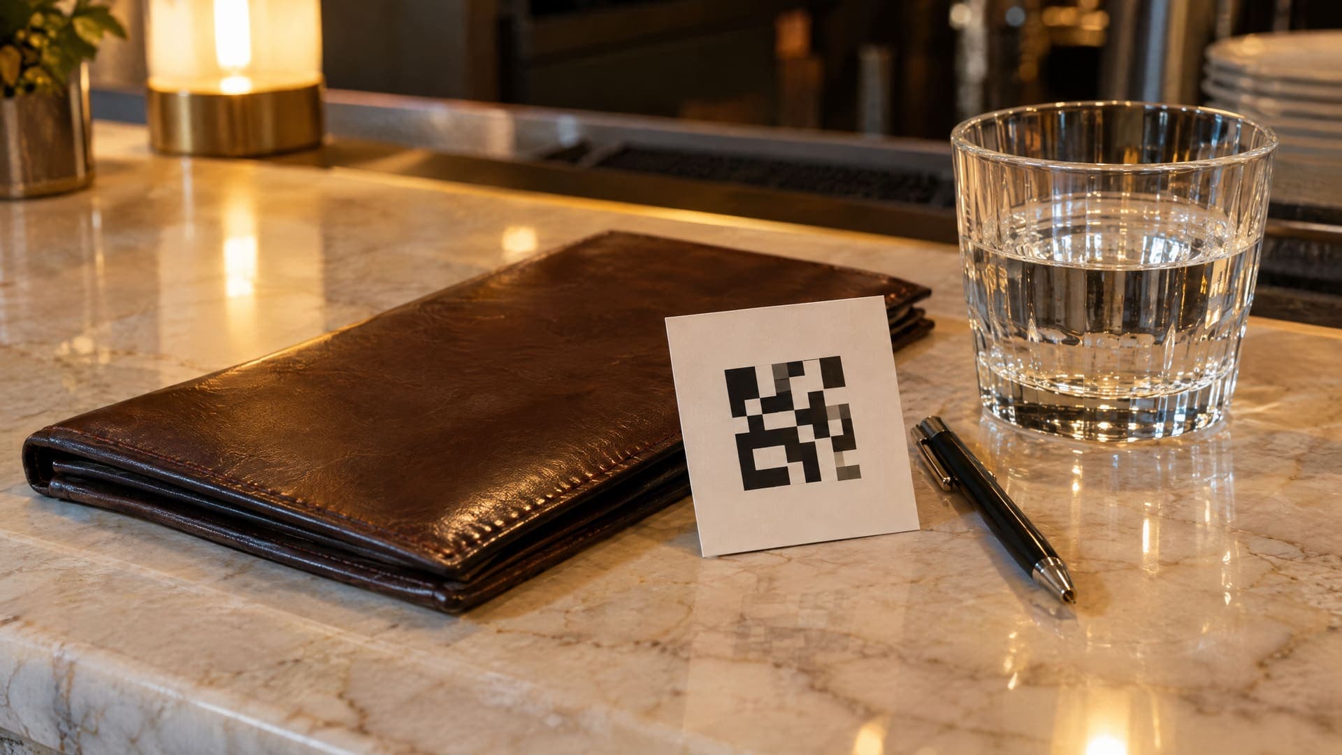 Rechnungsmappe aus Leder auf einem Restauranttresen, an der eine kleine Karte mit abstraktem schwarzweißem Muster lehnt, daneben ein Stift und ein Glas, keine Personen