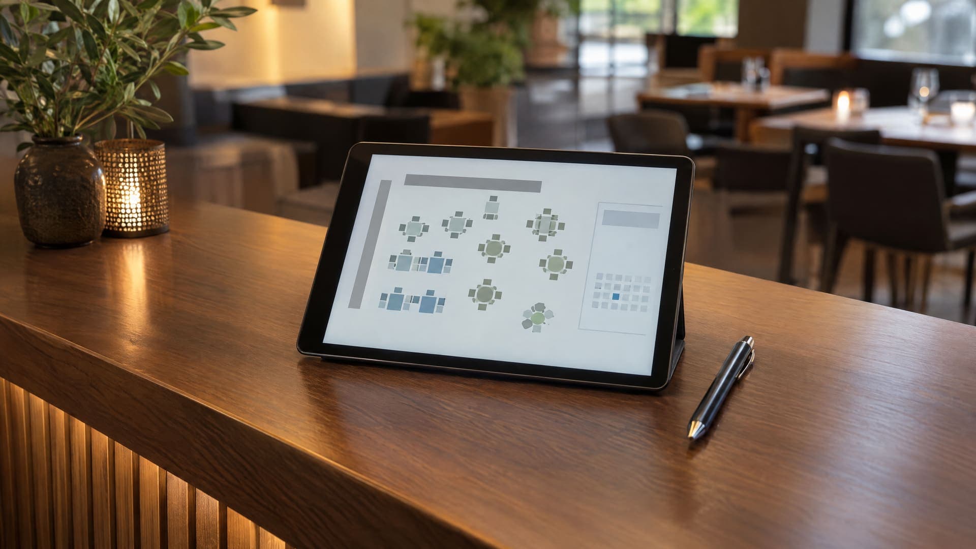 Tablet auf einem Empfangspult im Restaurant mit einem abstrakten Tischplan aus Kästchen und einem kleinen Kalender, daneben ein Stift, Text unleserlich