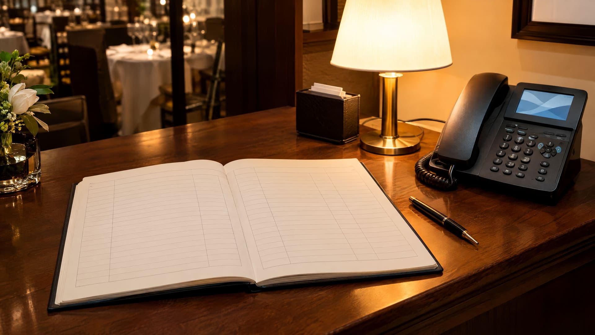 Aufgeschlagenes Reservierungsbuch mit leeren Linien und ein Telefon auf einem Empfangspult im Restaurant, daneben ein Stift und eine kleine Lampe, keine Personen, kein lesbarer Text