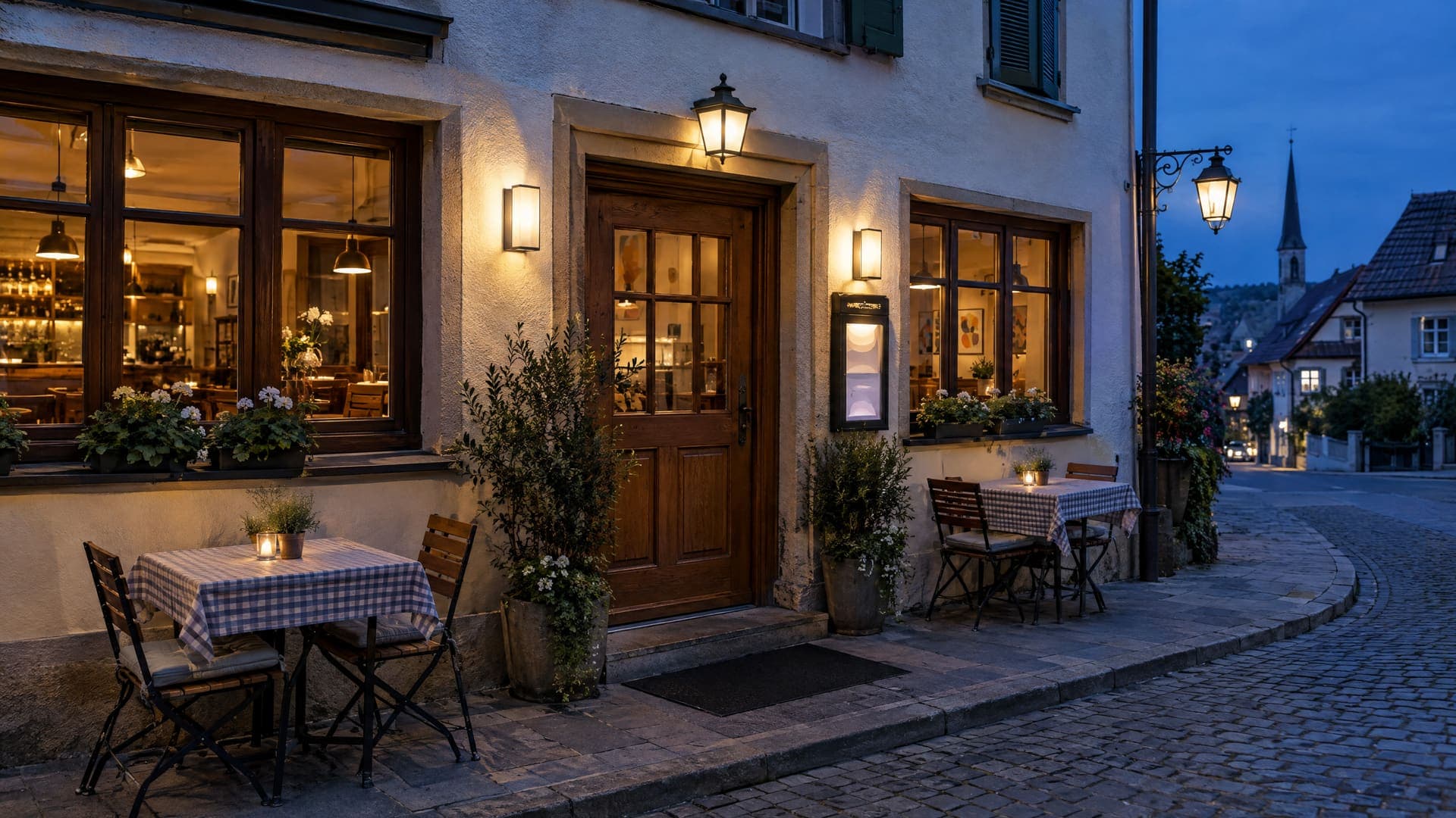Außenansicht eines Restaurants in der Dämmerung mit beleuchteten Fenstern, einer Eingangstür und zwei Tischen auf dem Gehweg, kein Schriftzug lesbar, keine Personen