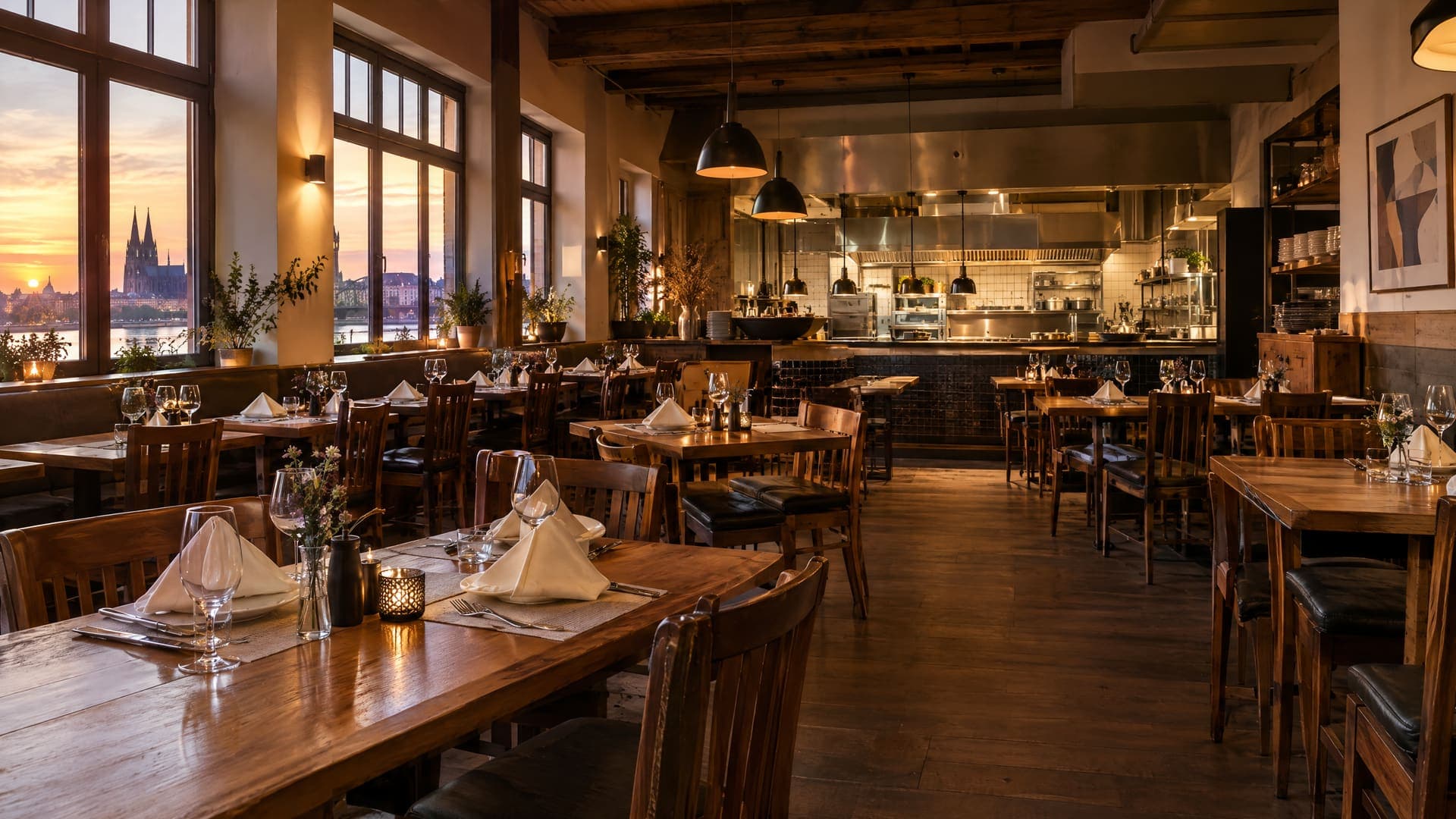 Leerer Gastraum eines Restaurants mit gedeckten Holztischen im warmen Abendlicht, im Hintergrund eine offene Küche, keine Personen