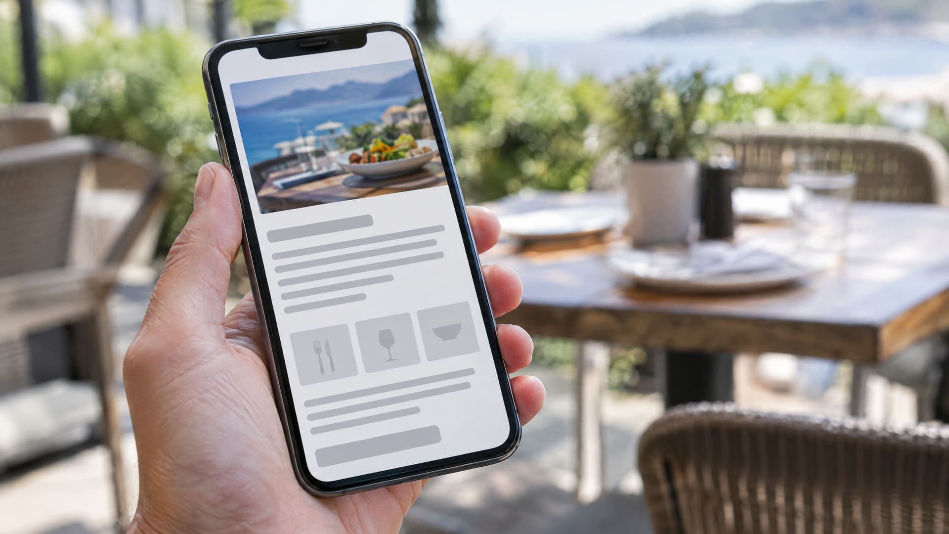 Hand hält ein Smartphone mit einer abstrakten Restaurant-Seite aus Bildfläche und grauen Textzeilen, im Hintergrund unscharf ein Terrassentisch im Tageslicht
