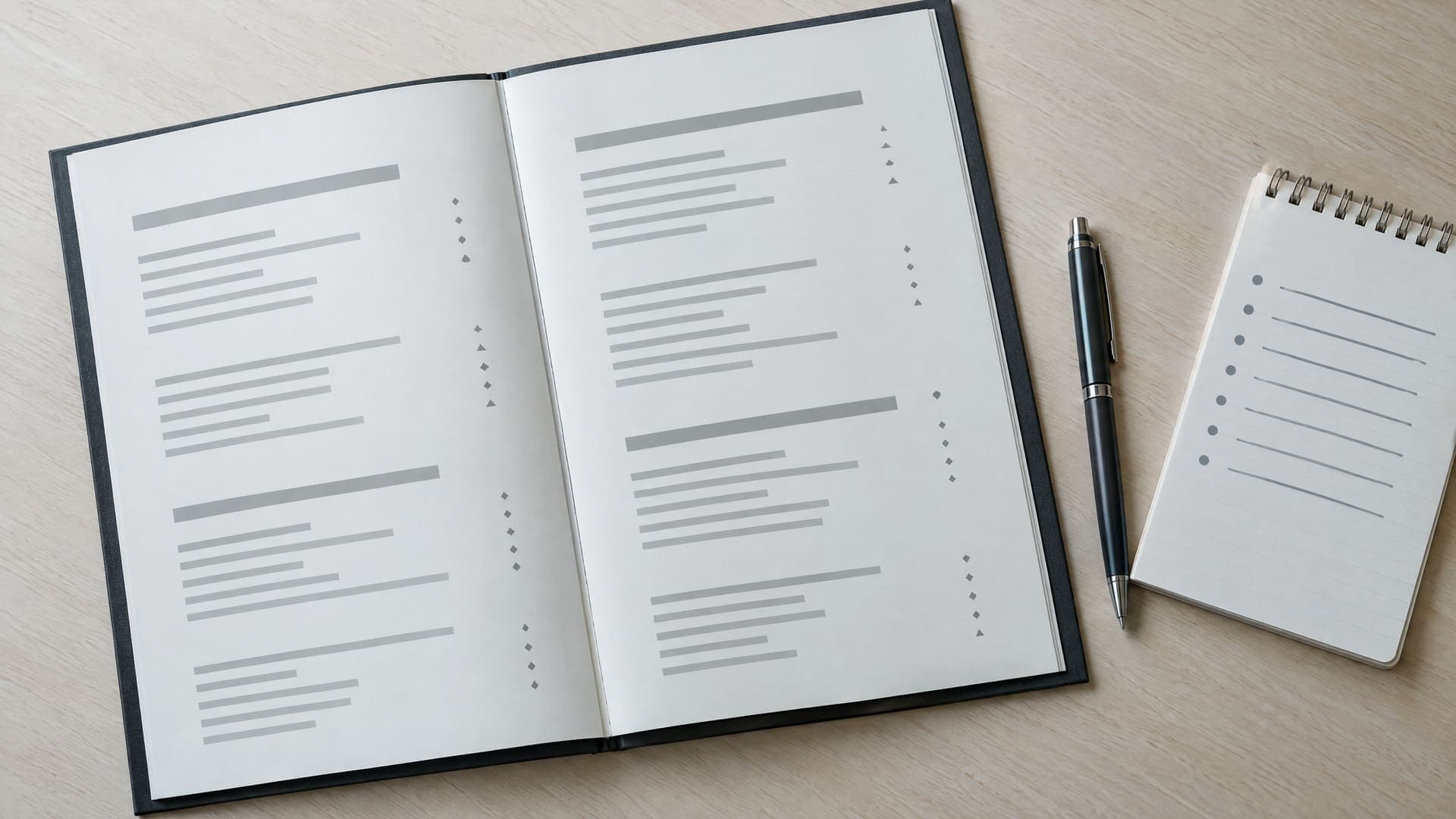 Aufgeschlagene Speisekarte mit grauen Balken statt Text und kleinen Fußnotenzeichen, daneben ein Stift und ein Notizblock mit abstrakter Liste, im Tageslicht