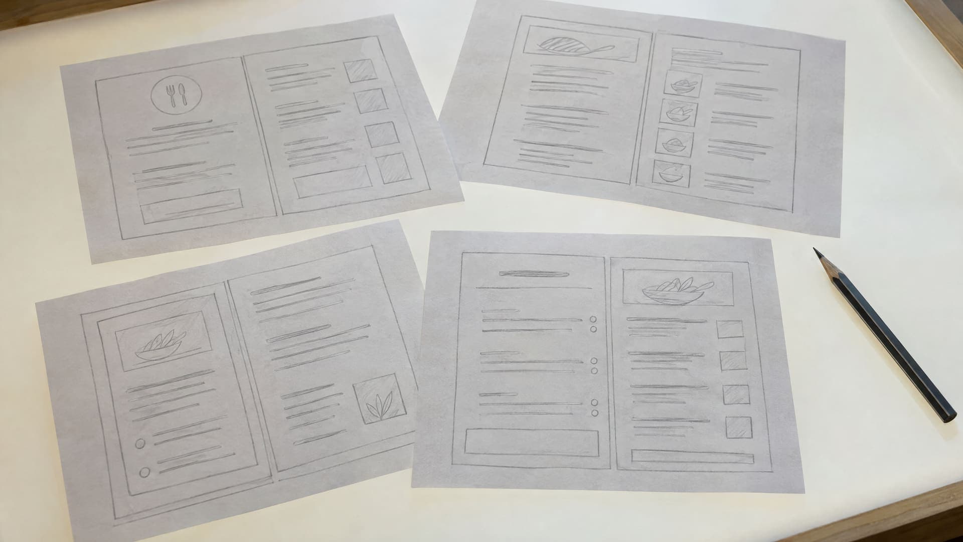 Mehrere Papierblätter mit handgezeichneten Layout-Skizzen einer Speisekarte aus Kästen und Linien neben einem Bleistift auf einem hellen Tisch, Gekritzel unleserlich