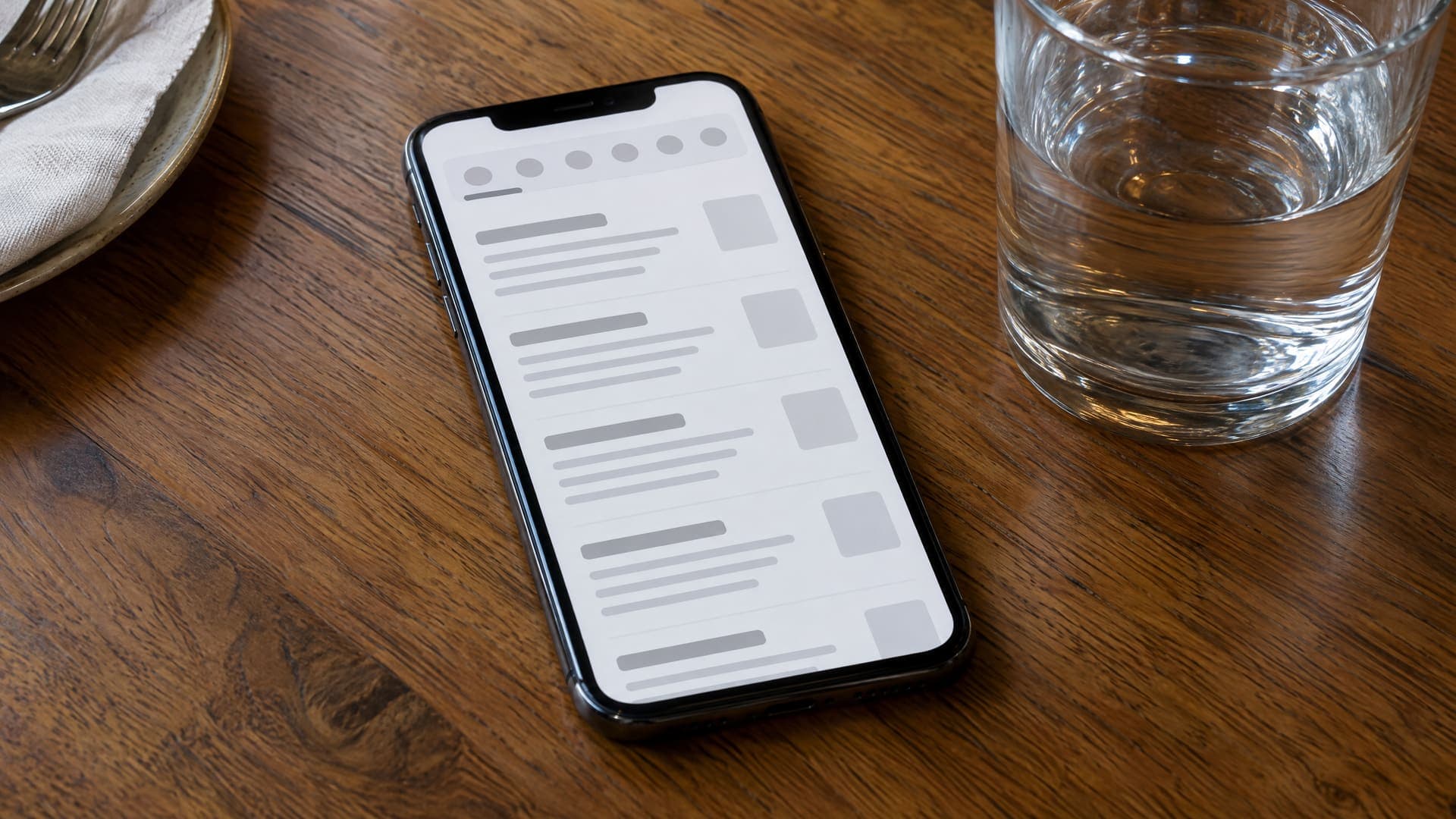 Smartphone auf einem Holztisch zeigt eine abstrakte Speisekarten-Seite mit Abschnitten aus grauen Balken und einer Sprungleiste, daneben ein Wasserglas