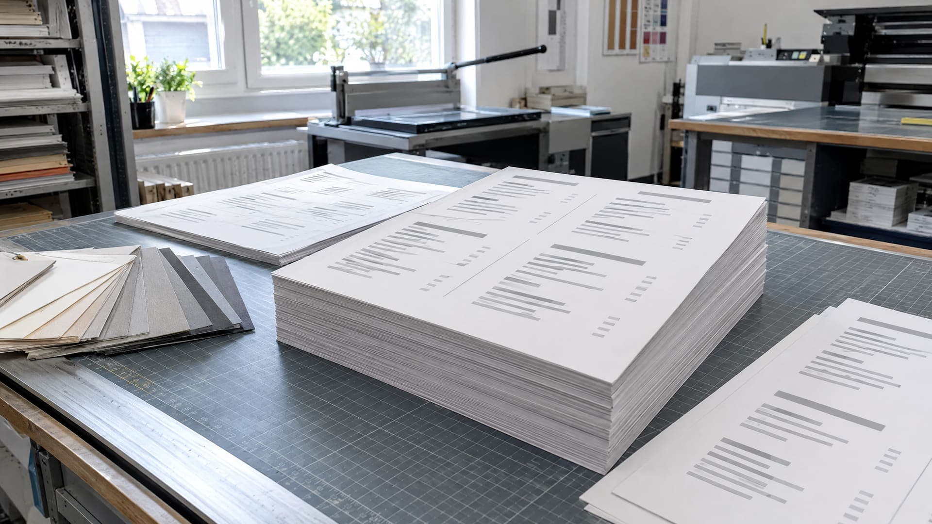 Stapel frisch gedruckter Speisekarten mit grauen Balken statt Text auf einem Schneidetisch in einer Druckerei, daneben Papiermuster, im Tageslicht