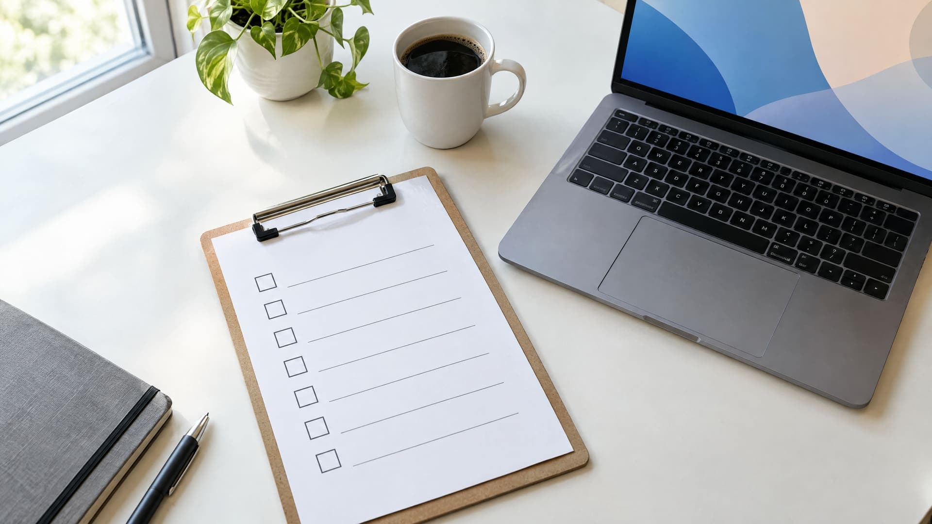 Klemmbrett mit einer Checkliste aus Kästchen neben einem aufgeklappten Laptop und einer Kaffeetasse auf einem hellen Schreibtisch, Schrift unleserlich