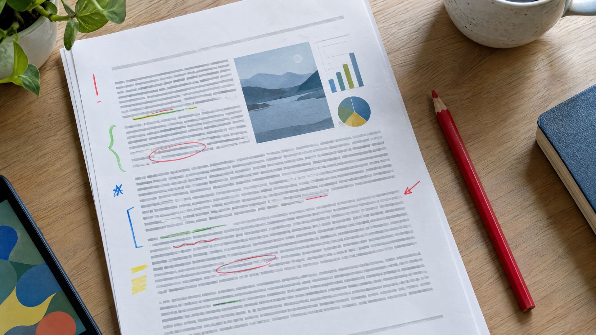 Ausgedruckter Artikeltext mit farbigen Anstreichungen am Rand und einem Rotstift auf einem Schreibtisch, Text unleserlich
