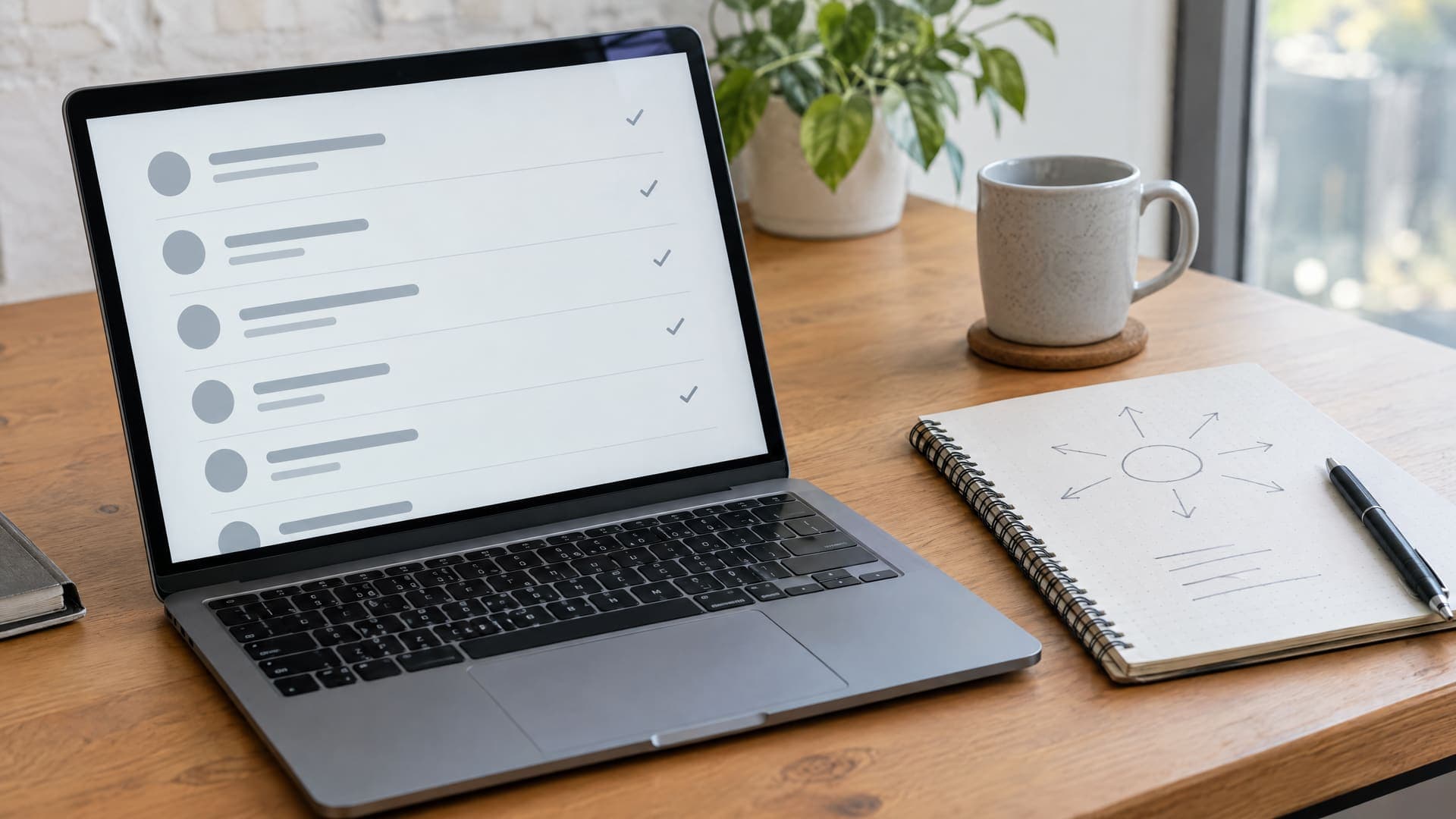 Laptop mit einer abstrakten Liste aus Ereigniszeilen und kleinen Häkchen, daneben ein Notizbuch mit Pfeilskizze und ein Stift auf einem Schreibtisch, keine lesbare Schrift