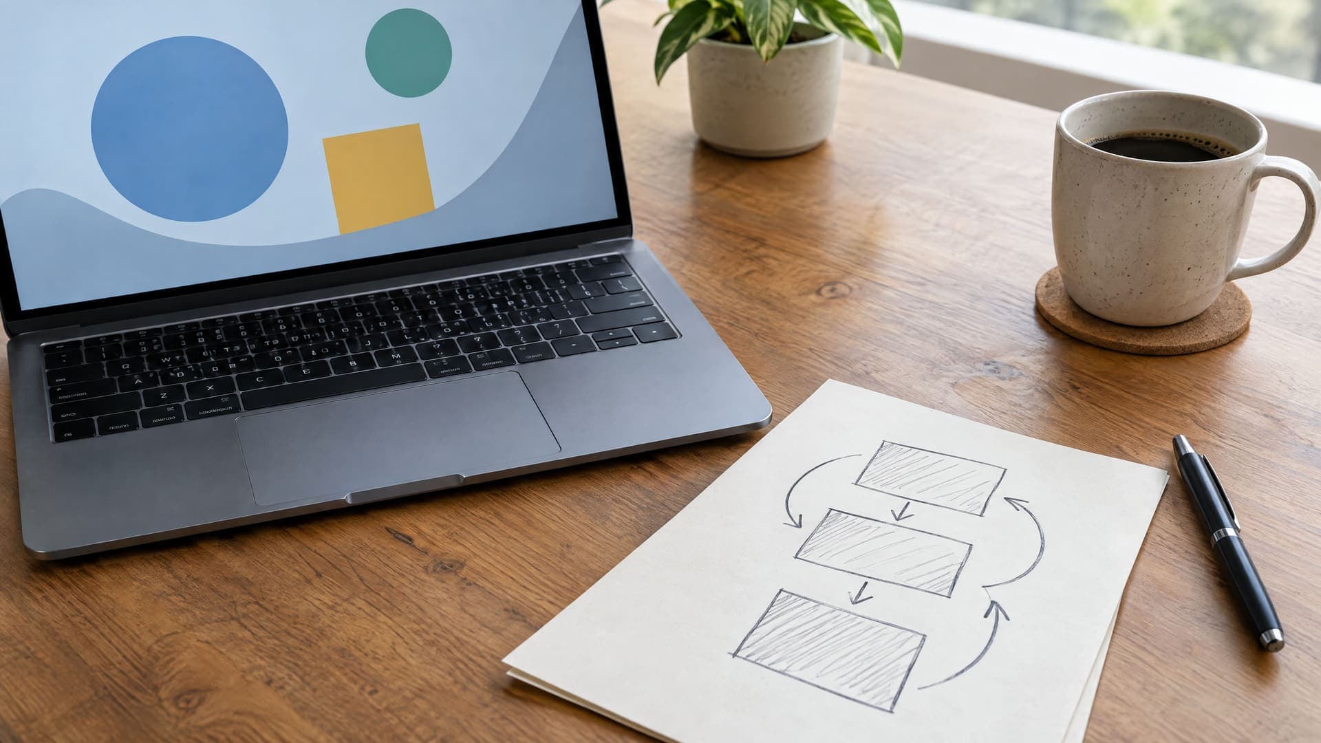 Aufgeklappter Laptop neben einer handgezeichneten Skizze aus übereinander angeordneten Kästchen und Pfeilen auf Papier, Stift und Kaffeetasse, Schrift unleserlich