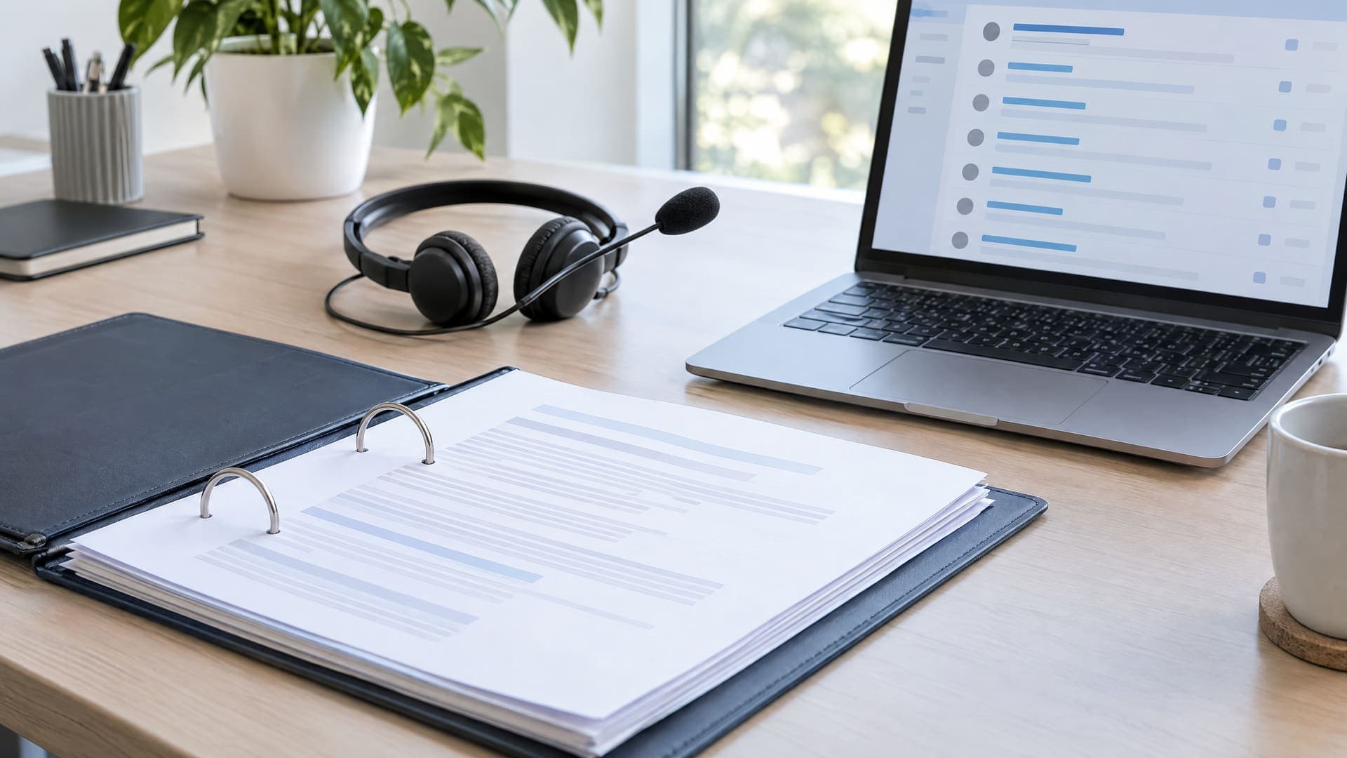 Aufgeschlagener Ordner mit losen Unterlagen und ein Headset auf einem Schreibtisch, daneben ein Laptop mit abstrakten Listenzeilen, keine lesbare Schrift