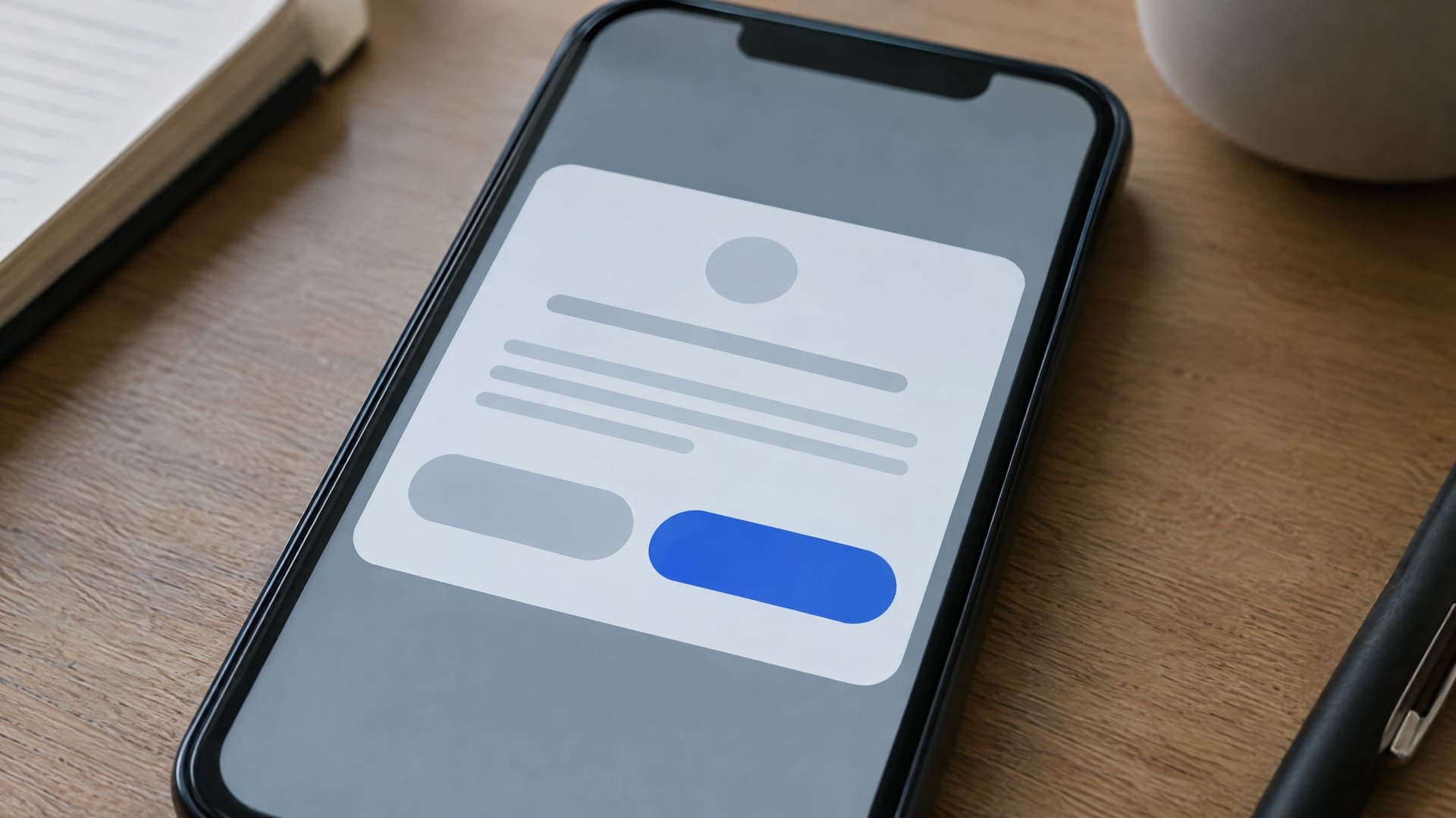 Smartphone auf einem Schreibtisch, das ein abstraktes Einwilligungsfenster aus zwei Schaltflächen und grauen Textzeilen zeigt, keine lesbare Schrift