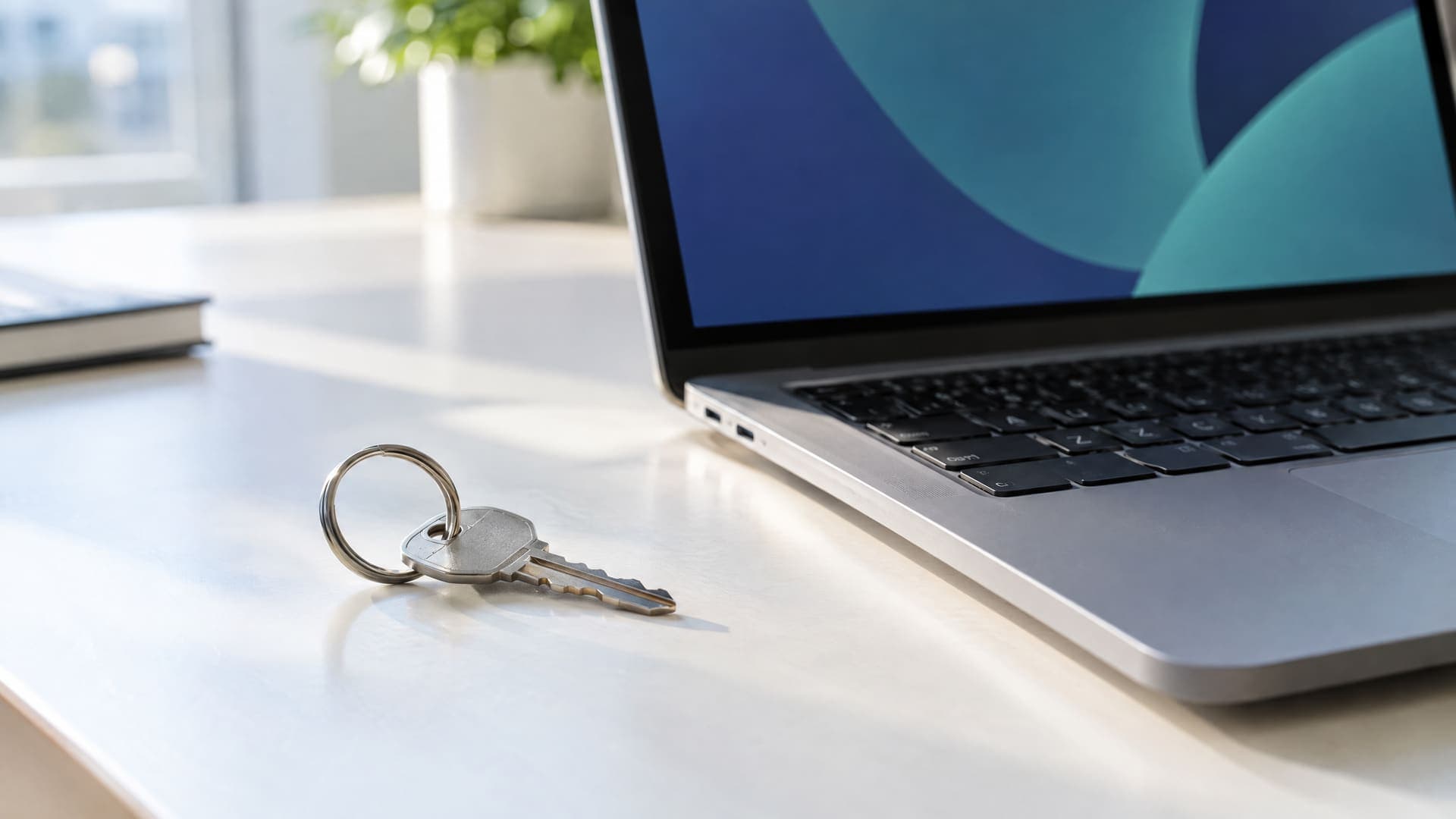 Schlüsselbund mit einem einzelnen Schlüssel neben einem aufgeklappten Laptop auf einem hellen Schreibtisch, Bildschirm zeigt nur abstrakte Flächen