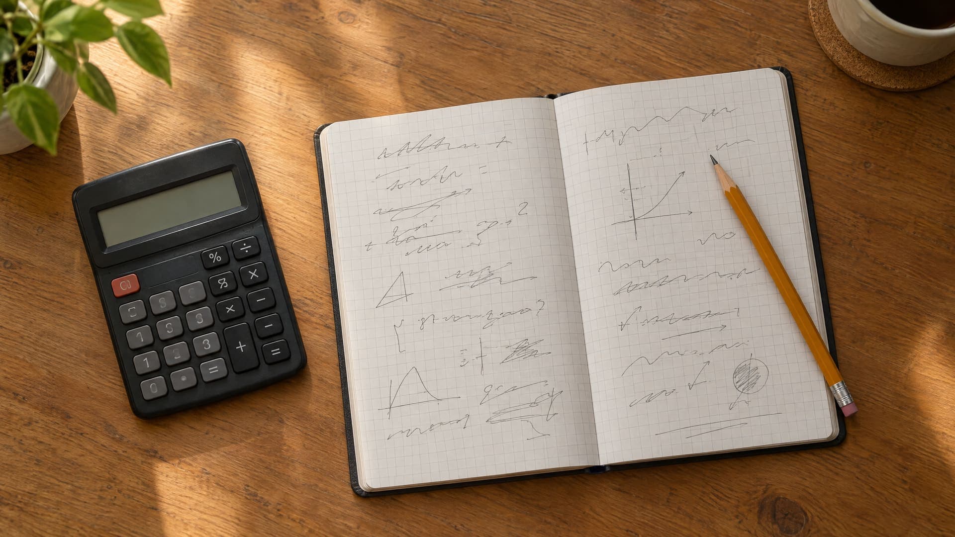 Draufsicht auf einen Taschenrechner, ein aufgeschlagenes Notizbuch mit handgeschriebenen Rechenzeilen und einen Stift auf einem Holzschreibtisch, Zahlen unleserlich