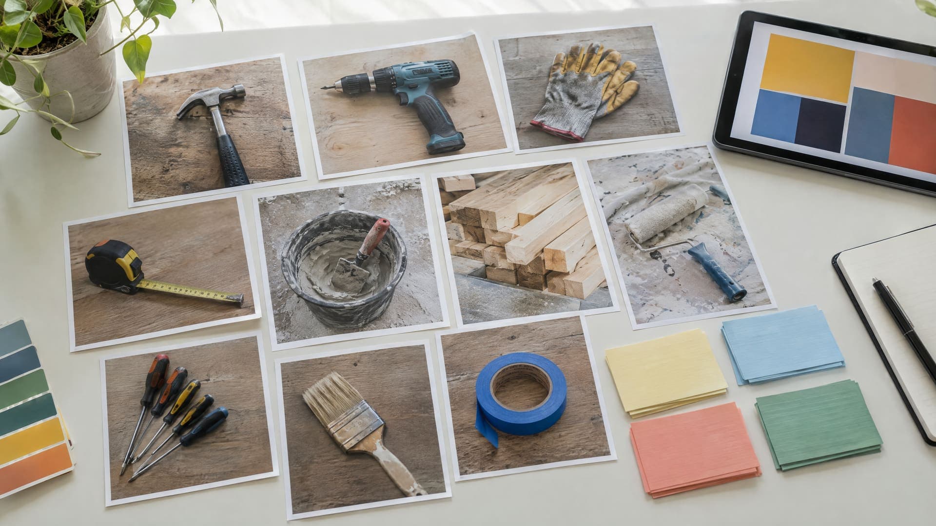 Auf einem hellen Tisch ausgelegte Fotoabzüge von Werkzeug und Arbeitsmaterial, daneben Karteikarten und ein Tablet mit abstrakten Farbflächen, keine Gesichter, keine lesbare Schrift