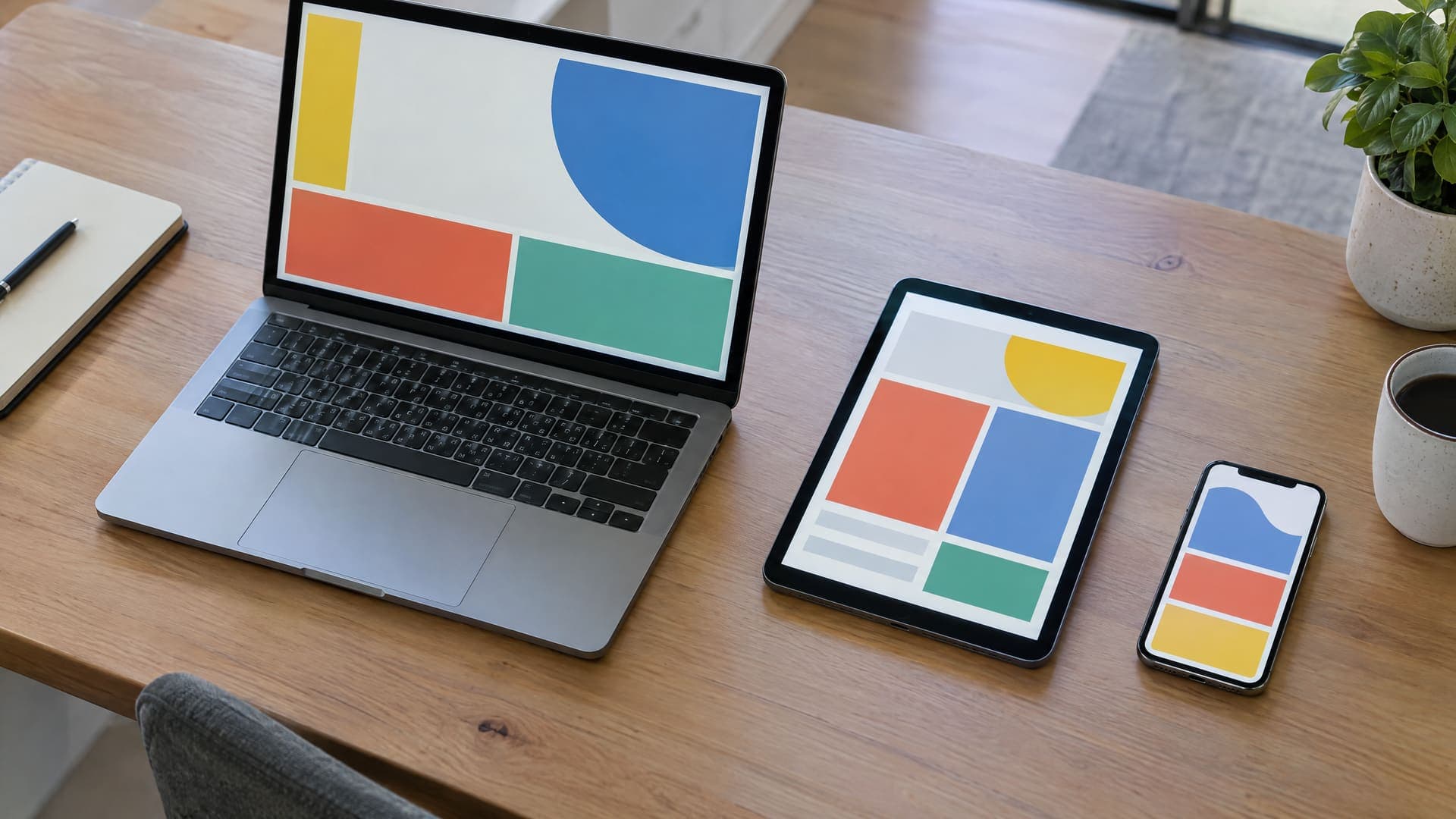 Schreibtisch mit Laptop, Tablet und Smartphone, auf allen drei Geräten abstrakte Werbeflächen in unterschiedlichen Formaten aus Farbflächen, keine lesbare Schrift