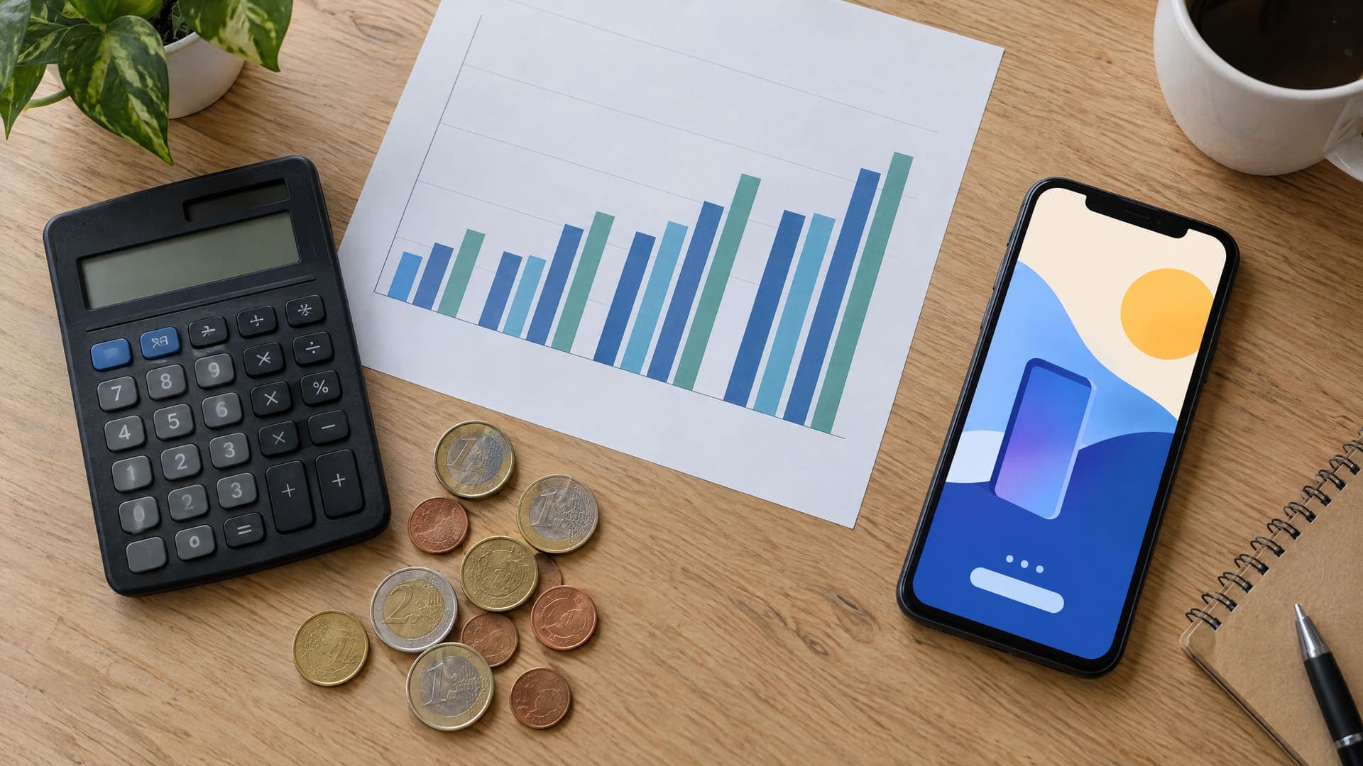 Draufsicht auf einen Taschenrechner, Euro-Münzen und ein gedrucktes Balkendiagramm auf einem Schreibtisch, daneben ein Smartphone mit abstrakter Anzeigenvorschau