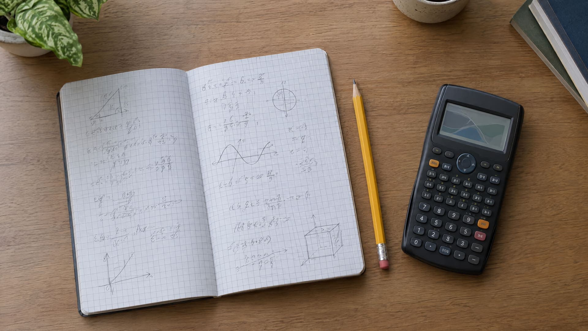 Kariertes Notizbuch mit handschriftlichen Rechenschritten als unleserliche Kritzelzeilen neben einem Bleistift und einem Taschenrechner auf einem Schreibtisch