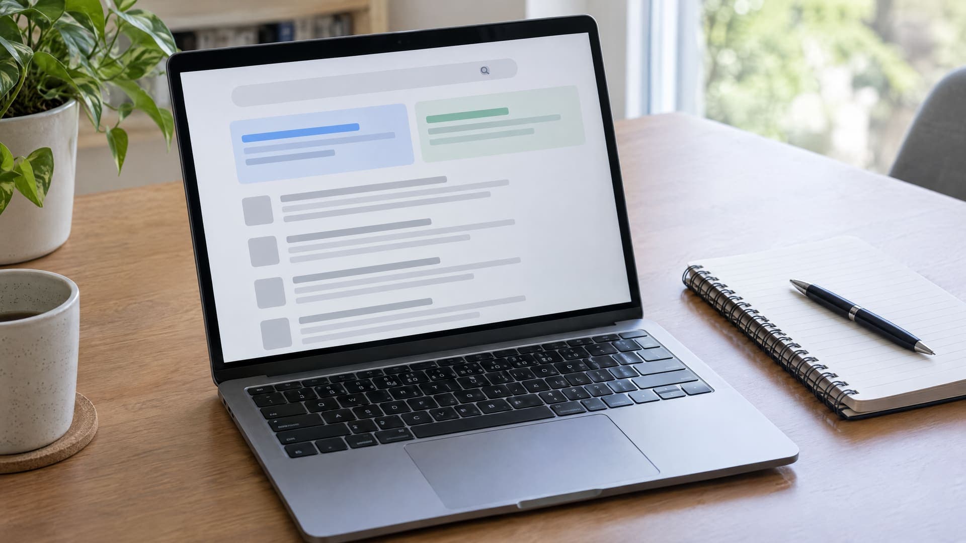Laptop mit einer abstrakten Suchergebnisseite aus grauen Textzeilen und zwei hervorgehobenen Blöcken, daneben ein Notizbuch und ein Stift, keine lesbare Schrift