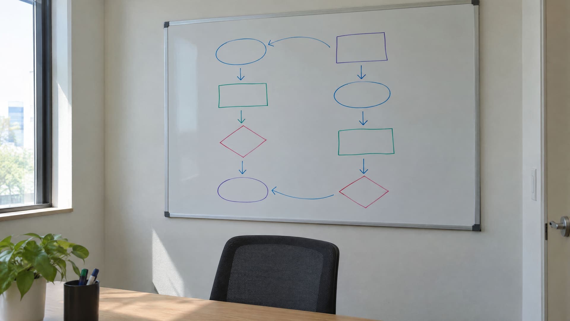 Whiteboard mit zwei Spalten aus Kästchen und Pfeilen in einem kleinen Besprechungsraum, daneben ein Stuhl, Beschriftungen unleserlich