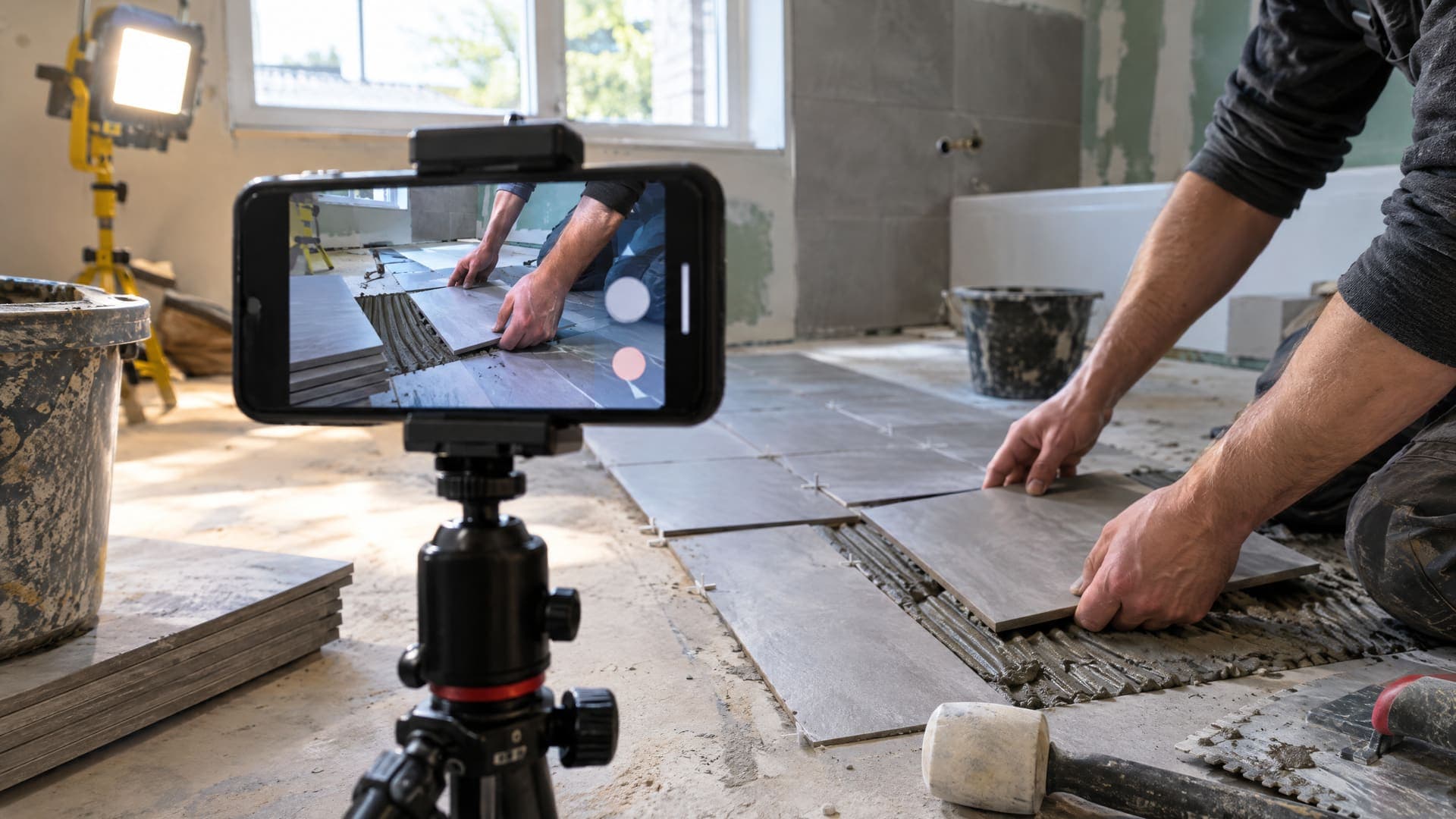 Smartphone auf einem kleinen Stativ filmt Hände beim Verlegen von Fliesen in einem Bad, keine Gesichter, auf dem Display nur abstrakte Formen