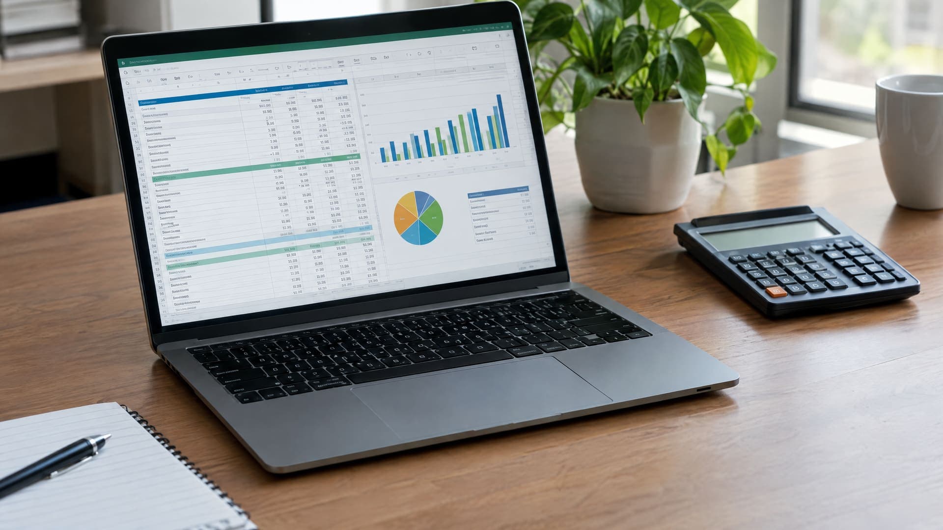 Laptop mit einer Tabellenkalkulation für einen Finanzplan mit einem Diagramm, daneben ein Taschenrechner auf einem Schreibtisch, Zahlen unleserlich