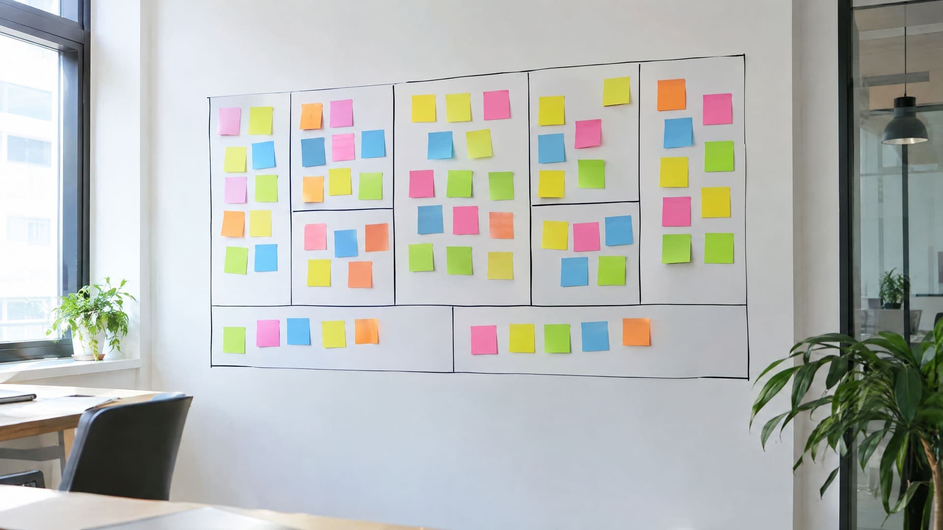 Wand mit einem Geschäftsmodell-Canvas aus bunten Haftnotizen in einem hellen Büro, Notizen unleserlich, keine Personen