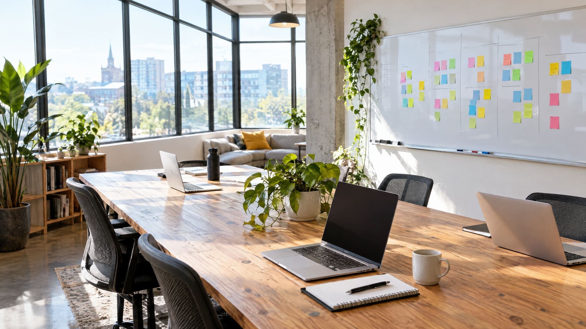 Helles Co-Working-Büro mit einem langen Holztisch, Laptops und einem Whiteboard mit bunten Haftnotizen, große Fenster, keine Personen