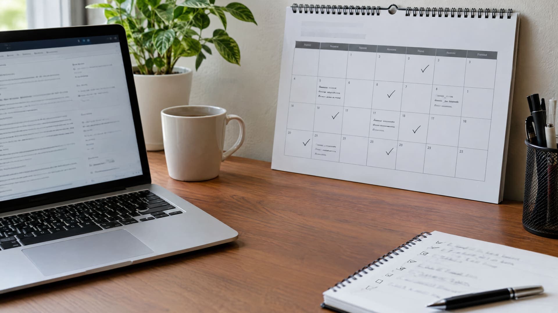 Wandkalender mit Haken neben einem Laptop auf einem Schreibtisch, Fristenplanung, Kalendertext unleserlich