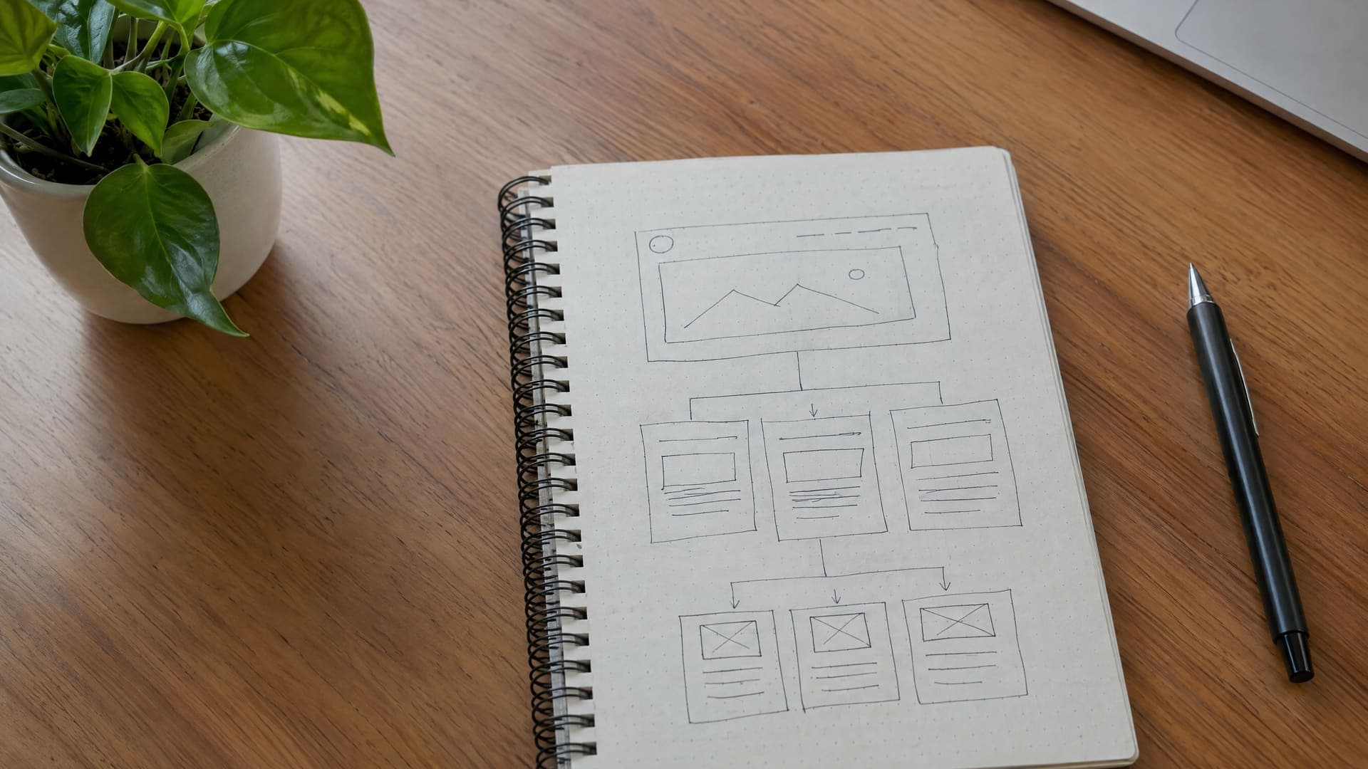 Notizbuch mit einer handgezeichneten Website-Struktur neben einer kleinen Pflanze und einem Stift auf einem Schreibtisch, Gekritzel unleserlich