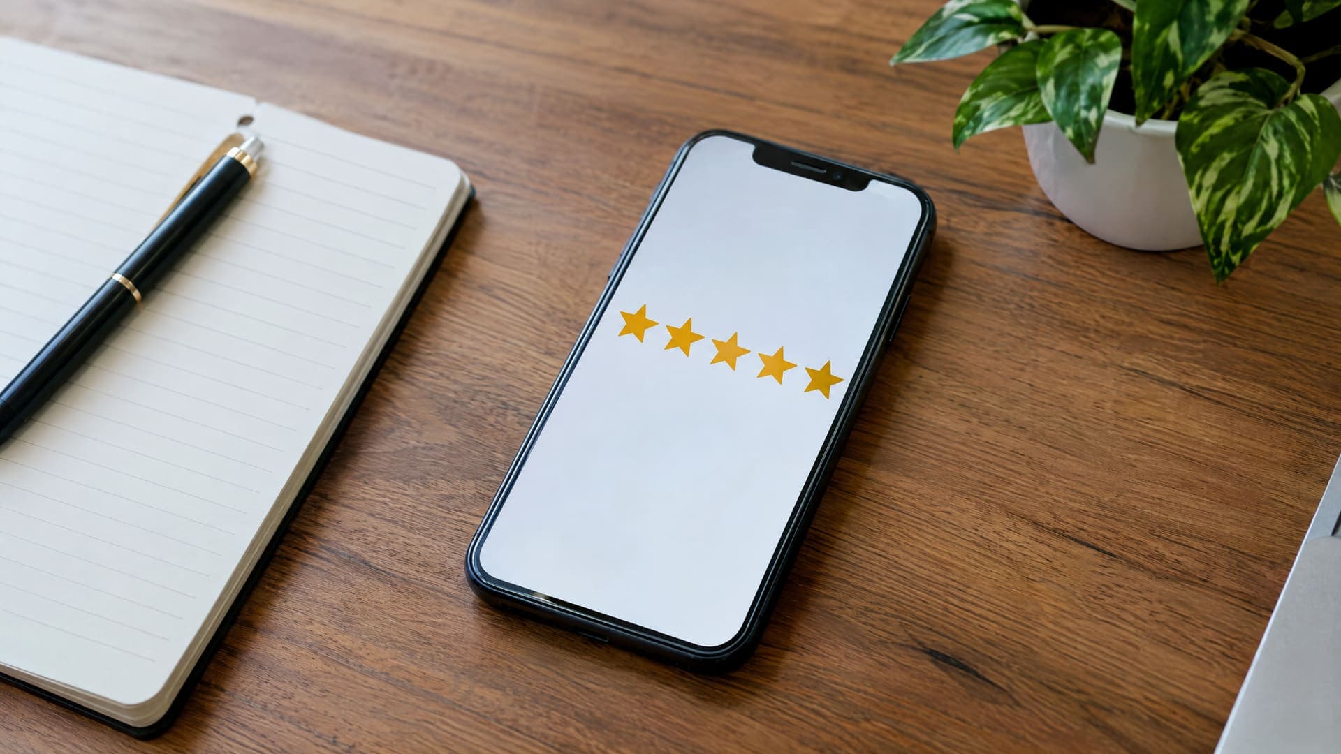 Smartphone zeigt fünf goldene Sterne einer Bewertung auf dem Schreibtisch eines Beraters neben einem Notizbuch und einer Pflanze, Text unleserlich