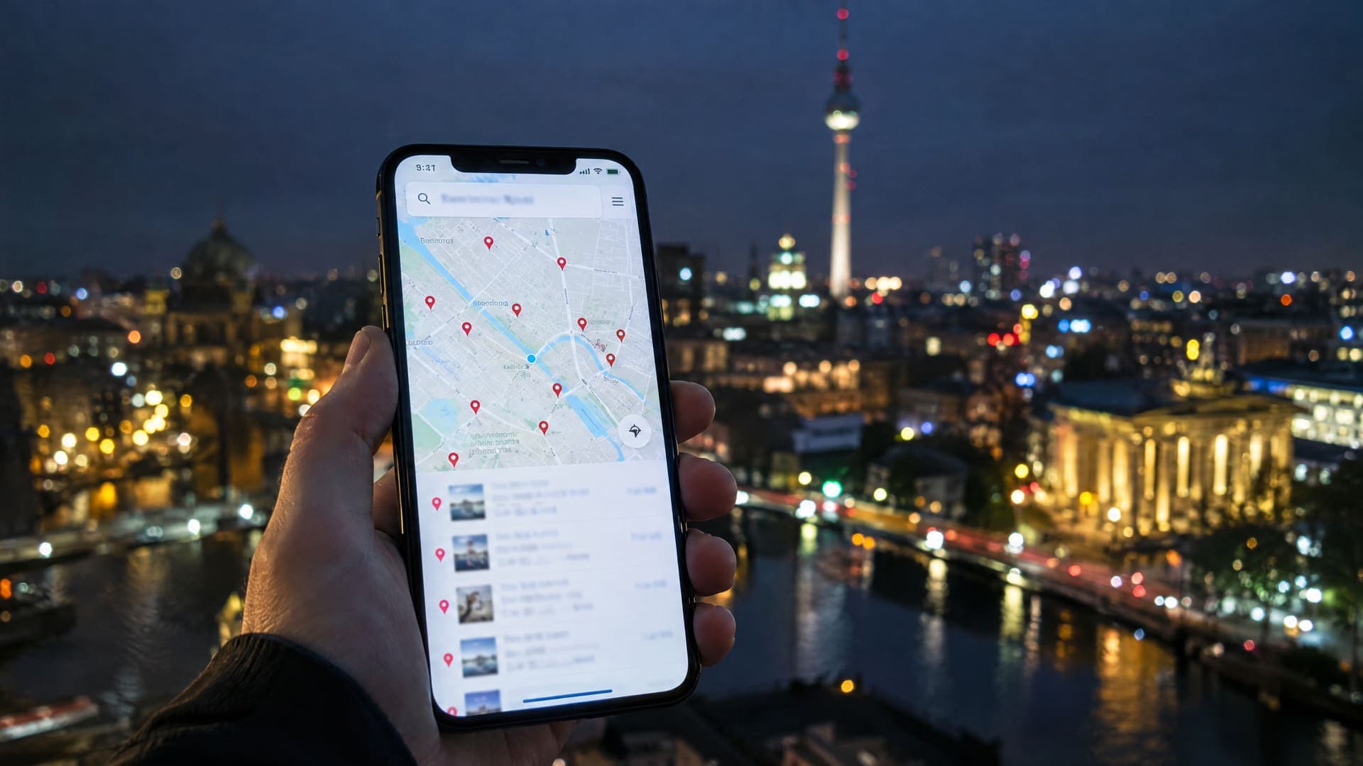 Hand hält ein Smartphone mit einer Kartensuche und roten Markierungen, im Hintergrund unscharf die Lichter der Stadt am Abend, Text unleserlich